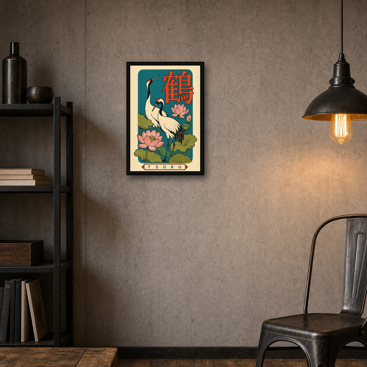 Tsuru Crane & Lotus Poster, Retro Japanese Bird Wall Art Print - 2x3 room mockup
