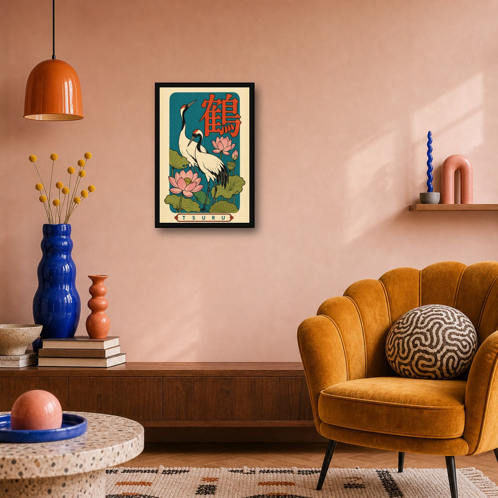 Tsuru Crane & Lotus Poster, Retro Japanese Bird Wall Art Print - 2x3 room mockup