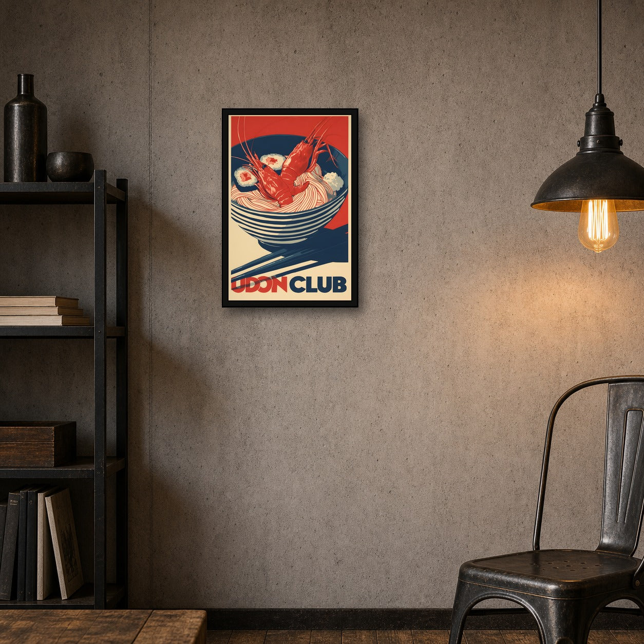 Udon Club Poster, Japanese Noodle Kitchen Art, Food Wall Print - 2x3 room mockup
