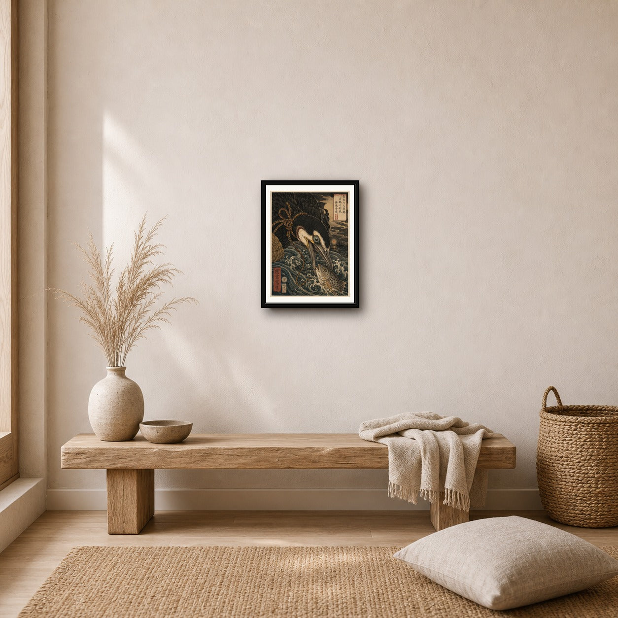 Ukiyo-e Cormorant Fishing Art Print: Japanese Folk Lore Wall Art for Serene Home Decor, choose your perfect size! - corrected 3x4 room mockup