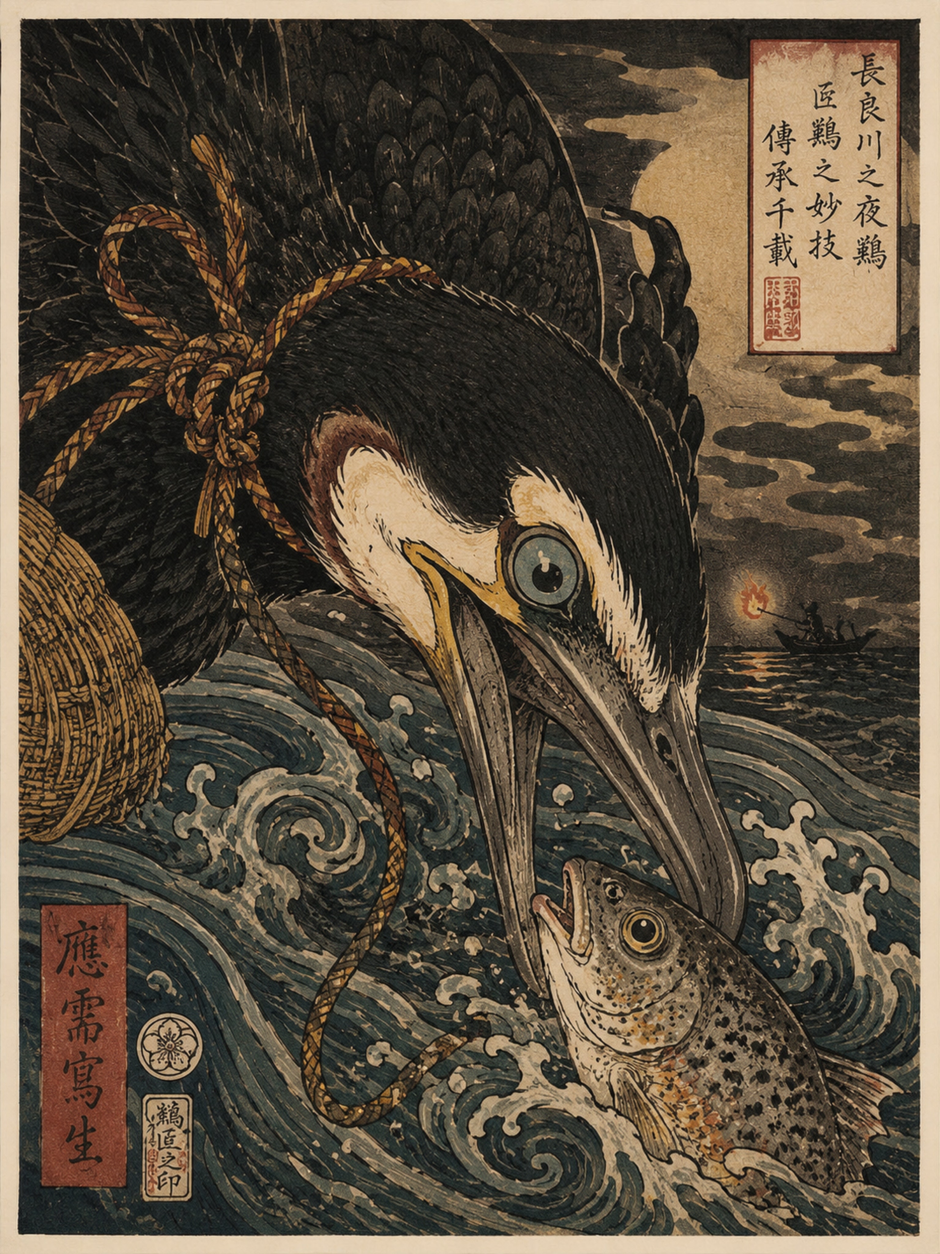 Ukiyo-e Cormorant Fishing Art Print: Japanese Folk Lore Wall Art for Serene Home Decor, choose your perfect size! - corrected 3x4 flat artwork