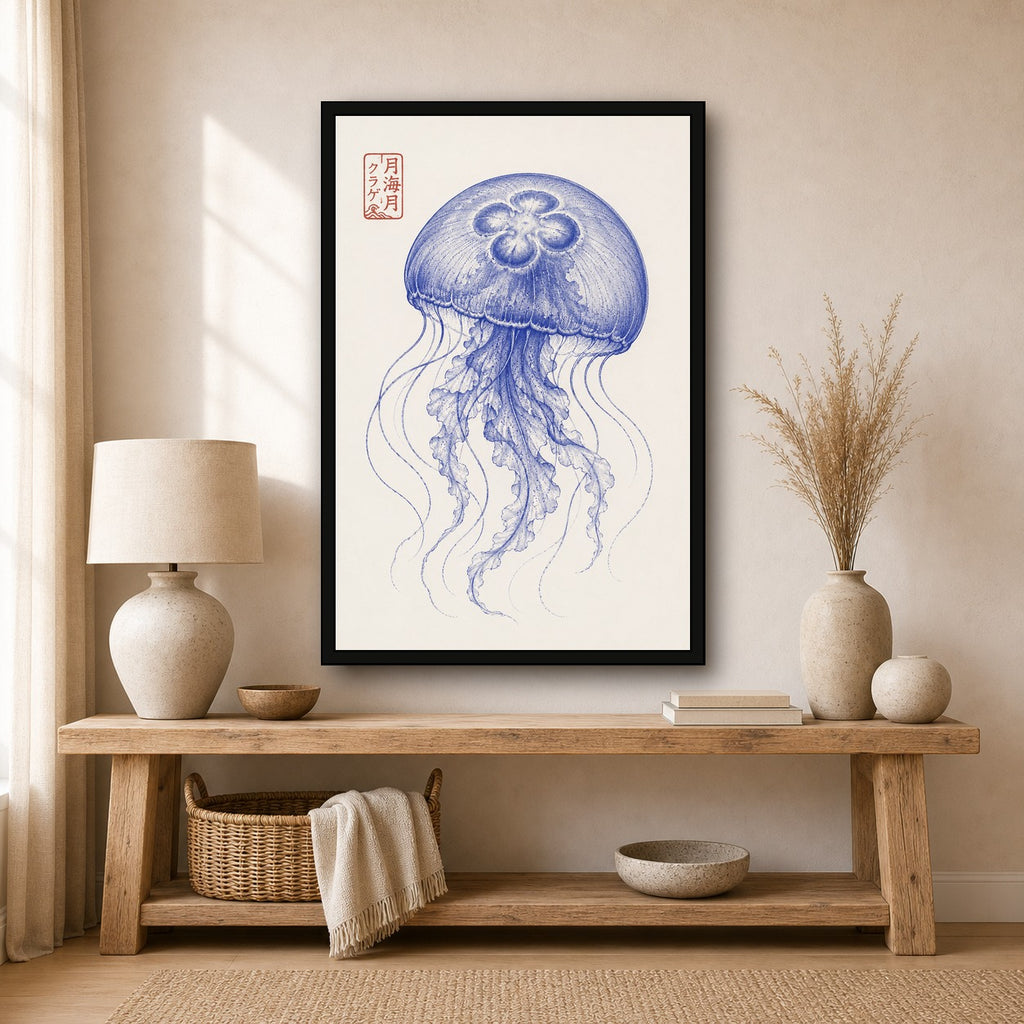 Ukiyo-e Jellyfish Art Print, Blue Ocean Wall Decor, Japanese Marine Life Poster in Multiple Sizes - 2x3 room mockup