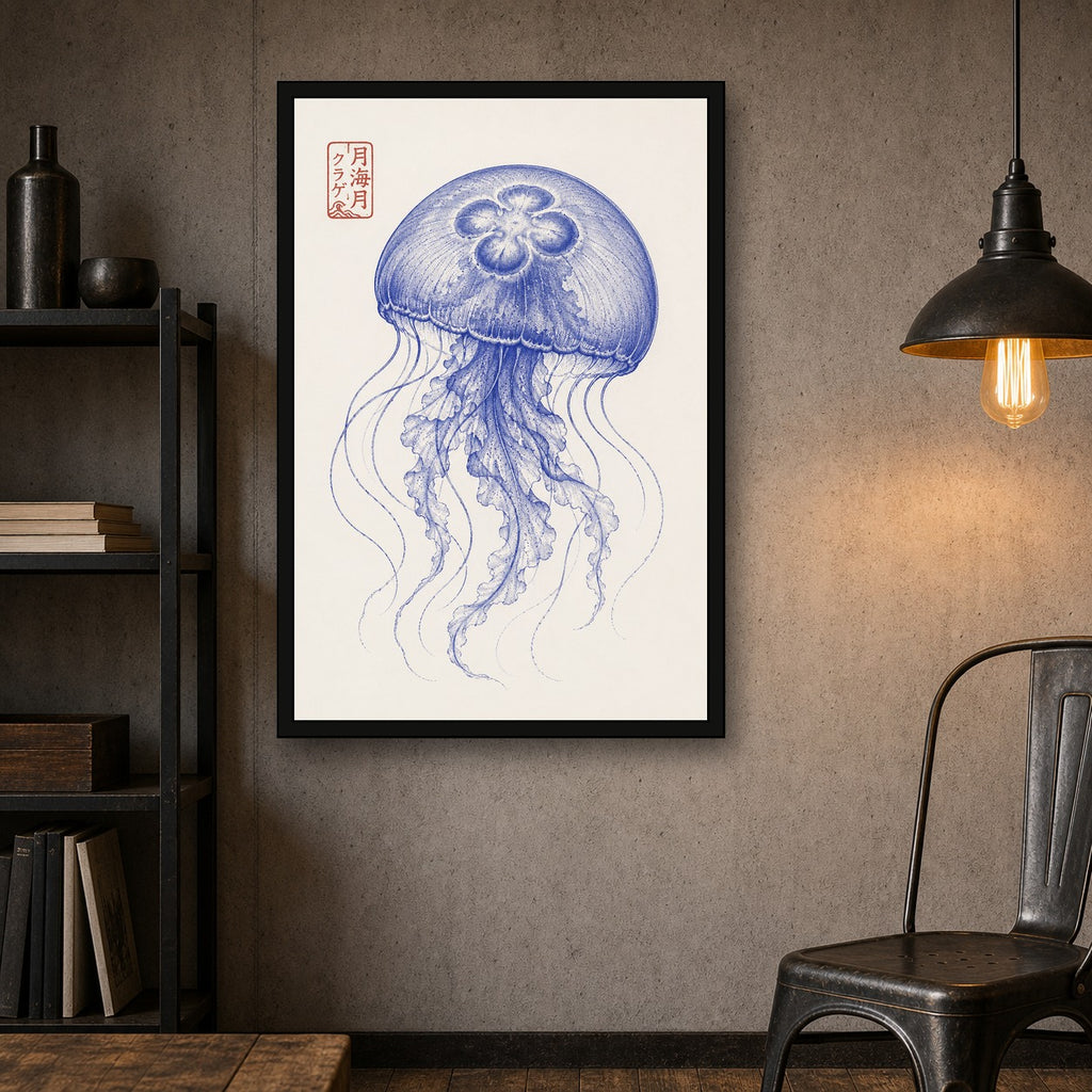 Ukiyo-e Jellyfish Art Print, Blue Ocean Wall Decor, Japanese Marine Life Poster in Multiple Sizes - 2x3 room mockup