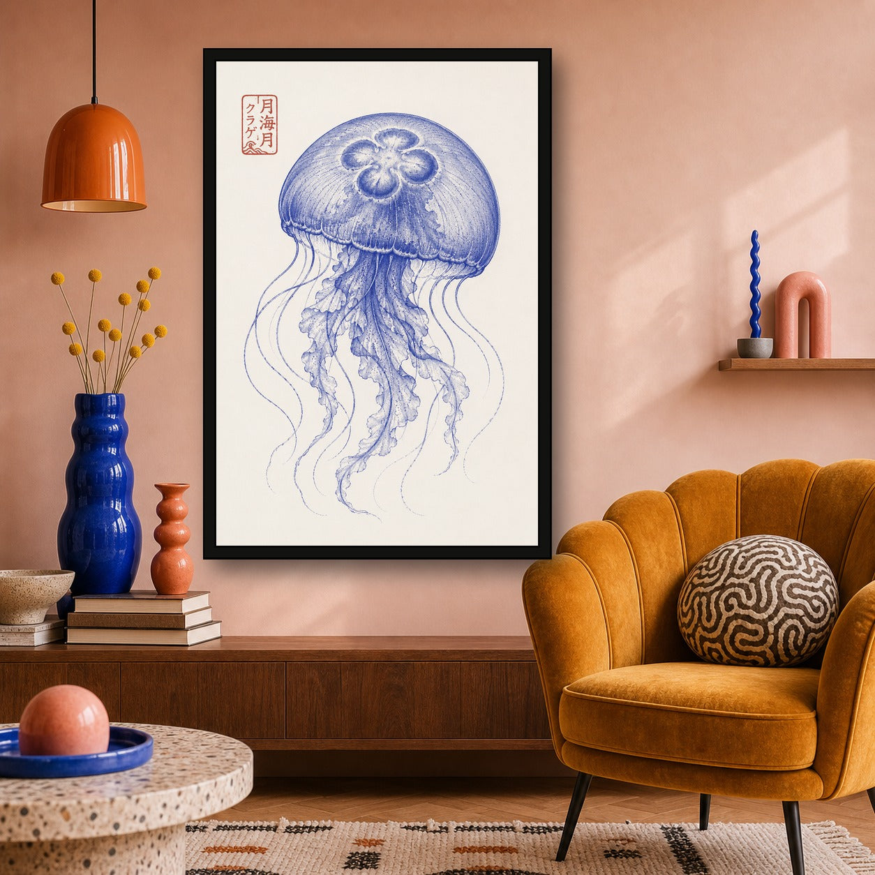 Ukiyo-e Jellyfish Art Print, Blue Ocean Wall Decor, Japanese Marine Life Poster in Multiple Sizes - 2x3 room mockup