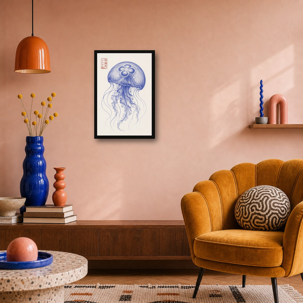 Ukiyo-e Jellyfish Art Print, Blue Ocean Wall Decor, Japanese Marine Life Poster in Multiple Sizes - 2x3 room mockup