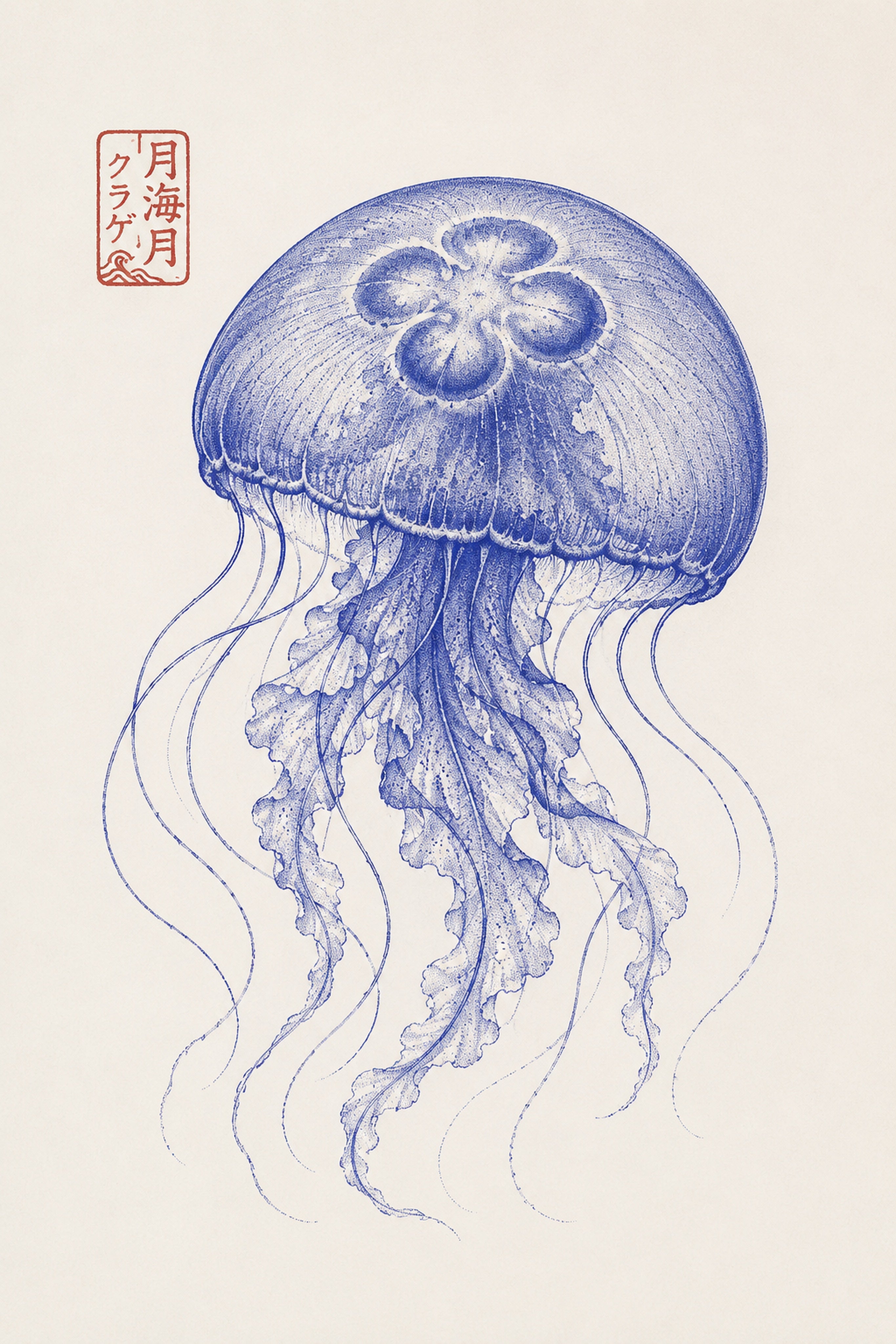 Ukiyo-e Jellyfish Art Print, Blue Ocean Wall Decor, Japanese Marine Life Poster in Multiple Sizes