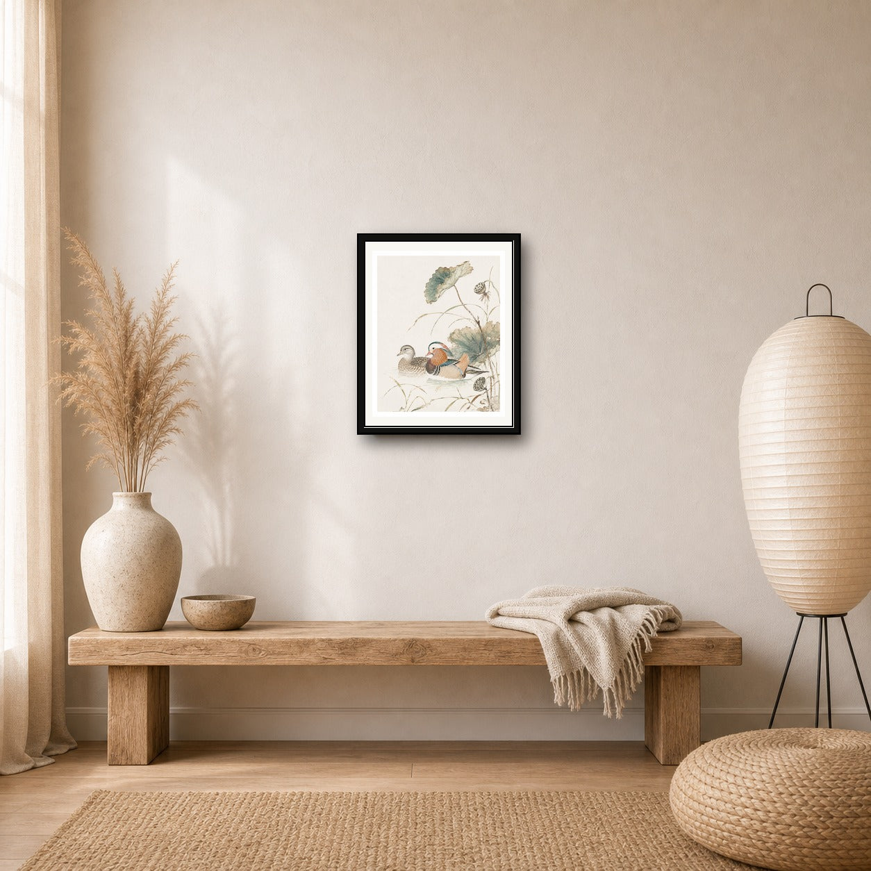 Ukiyo-e Mandarin Ducks Poster, Vintage Japanese Wall Art, Serene Nature Print in Multiple Sizes - corrected 4x5 room mockup