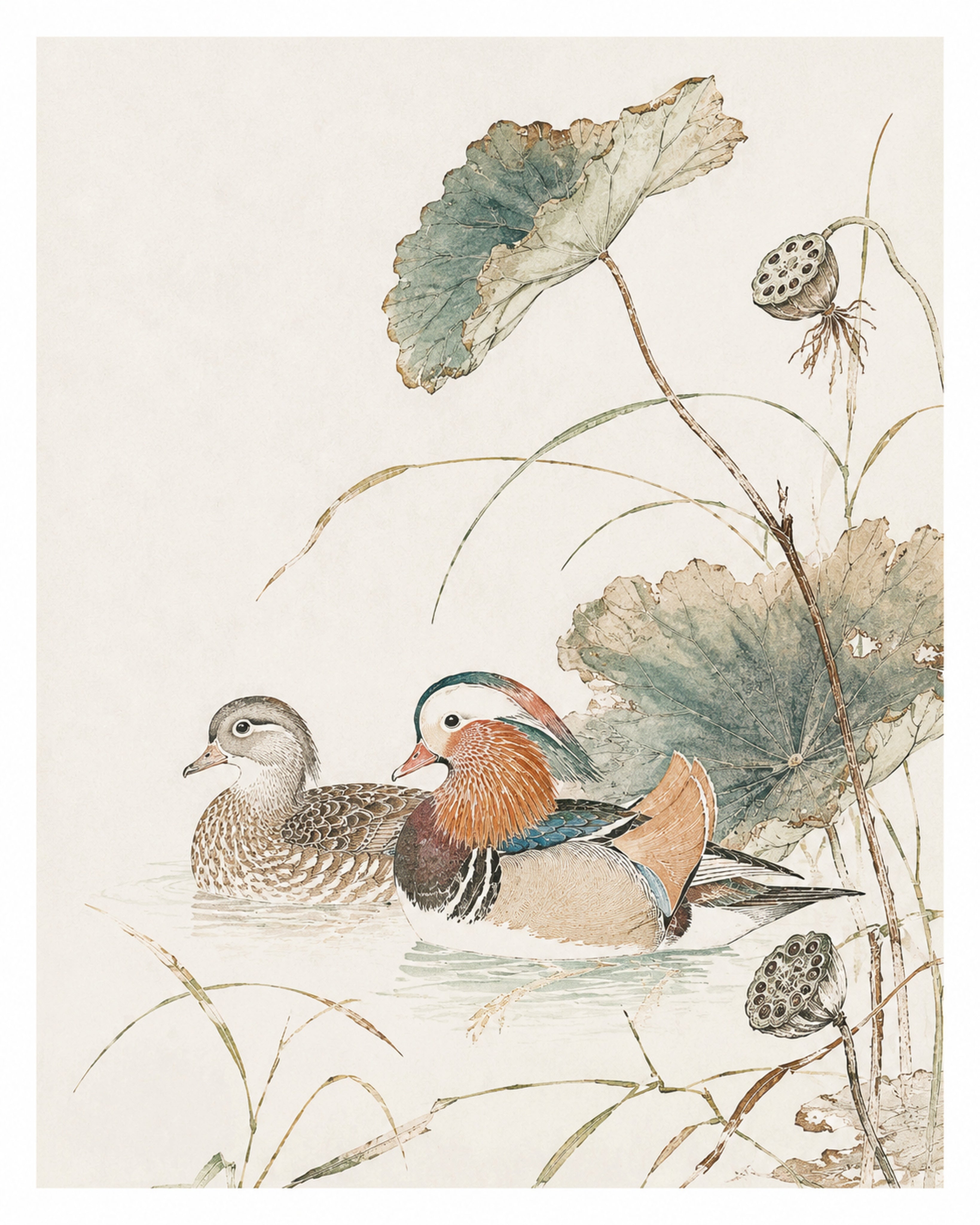 Ukiyo-e Mandarin Ducks Poster, Vintage Japanese Wall Art, Serene Nature Print in Multiple Sizes - corrected 4x5 flat artwork