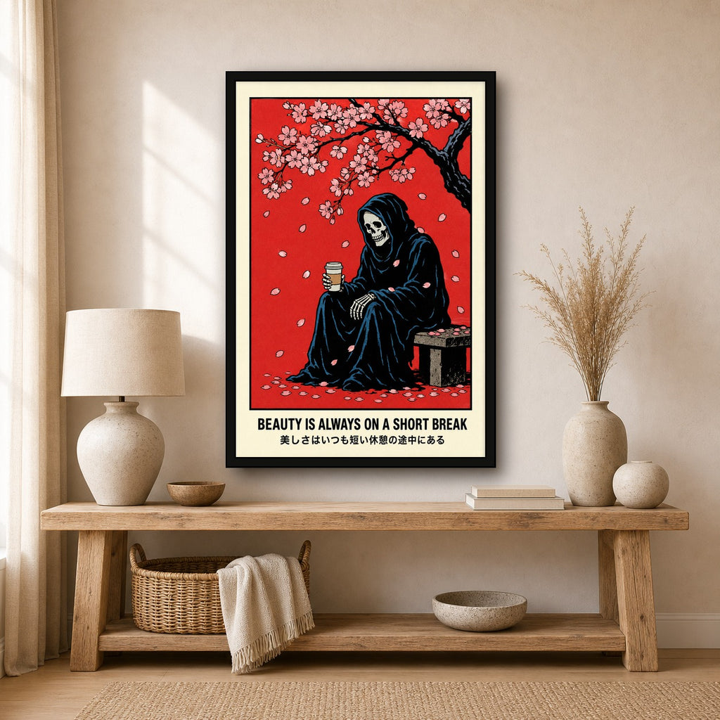 Ukiyo-e Reaper Poster, Japanese Cherry Blossom Art, “Beauty is Always on a Short Break” Travel Print - 2x3 room mockup