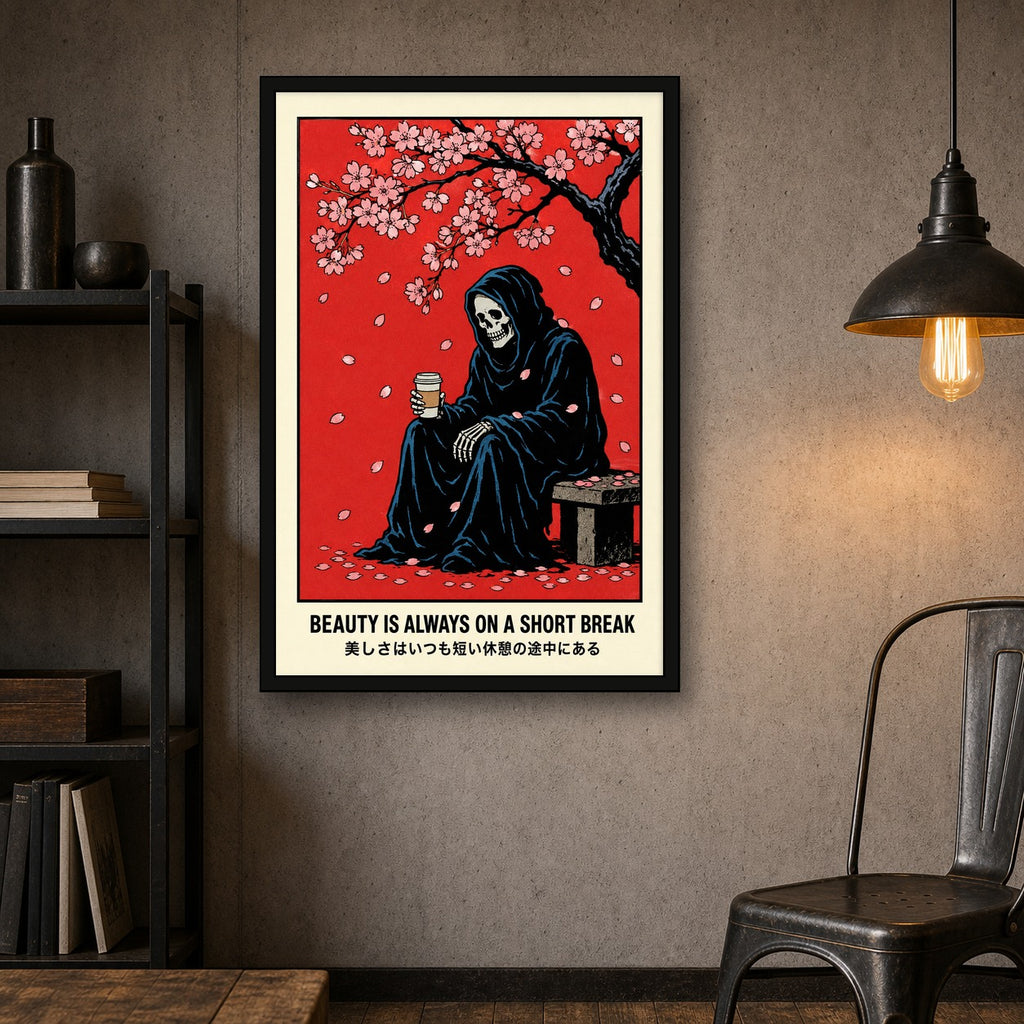 Ukiyo-e Reaper Poster, Japanese Cherry Blossom Art, “Beauty is Always on a Short Break” Travel Print - 2x3 room mockup