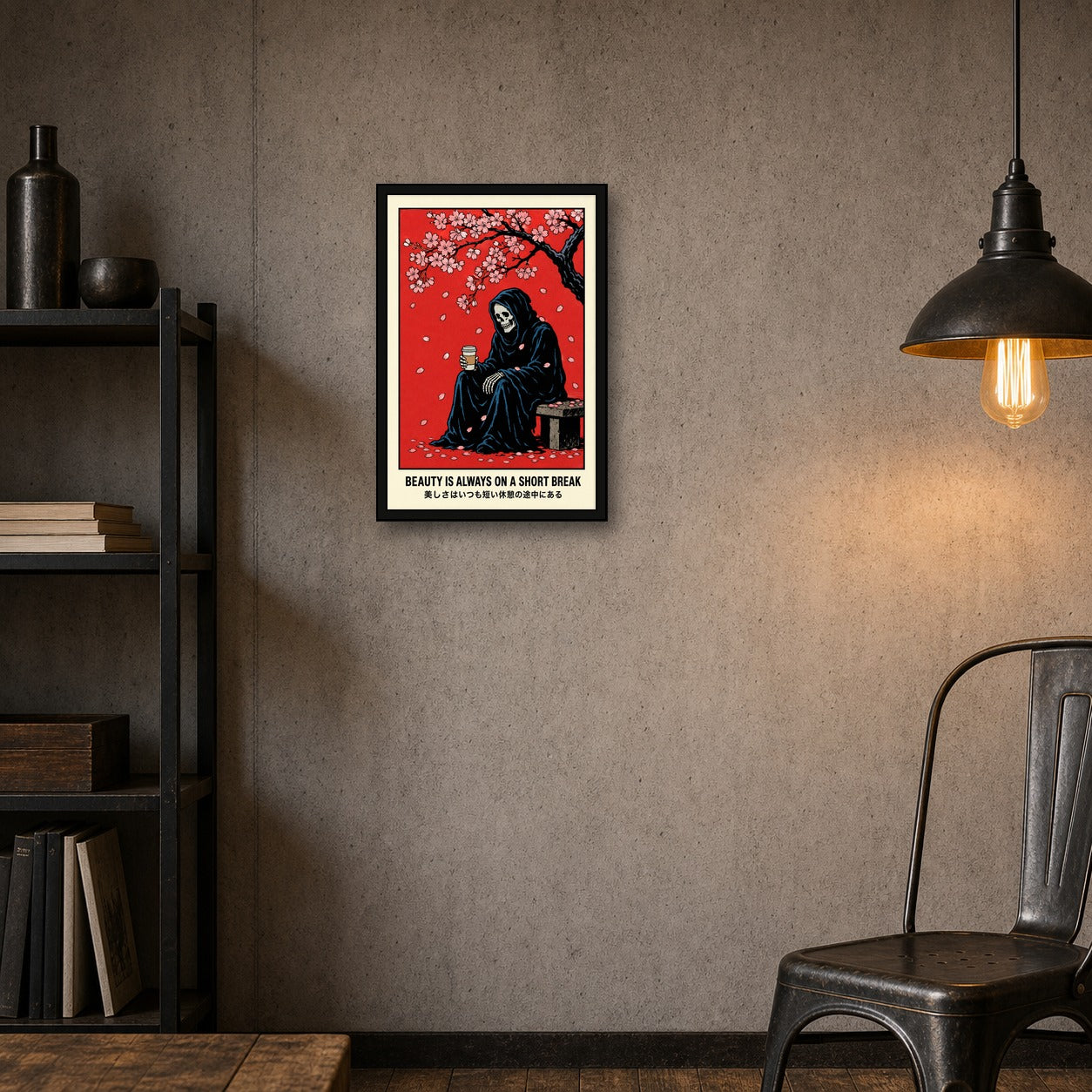 Ukiyo-e Reaper Poster, Japanese Cherry Blossom Art, “Beauty is Always on a Short Break” Travel Print - 2x3 room mockup