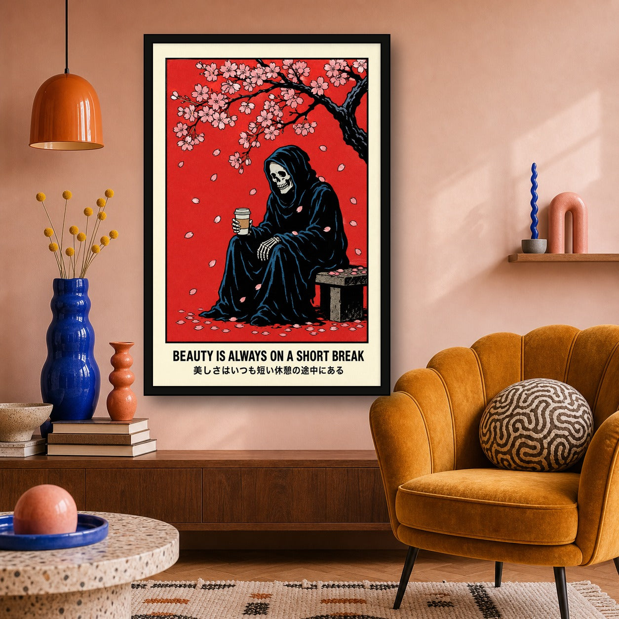 Ukiyo-e Reaper Poster, Japanese Cherry Blossom Art, “Beauty is Always on a Short Break” Travel Print - 2x3 room mockup