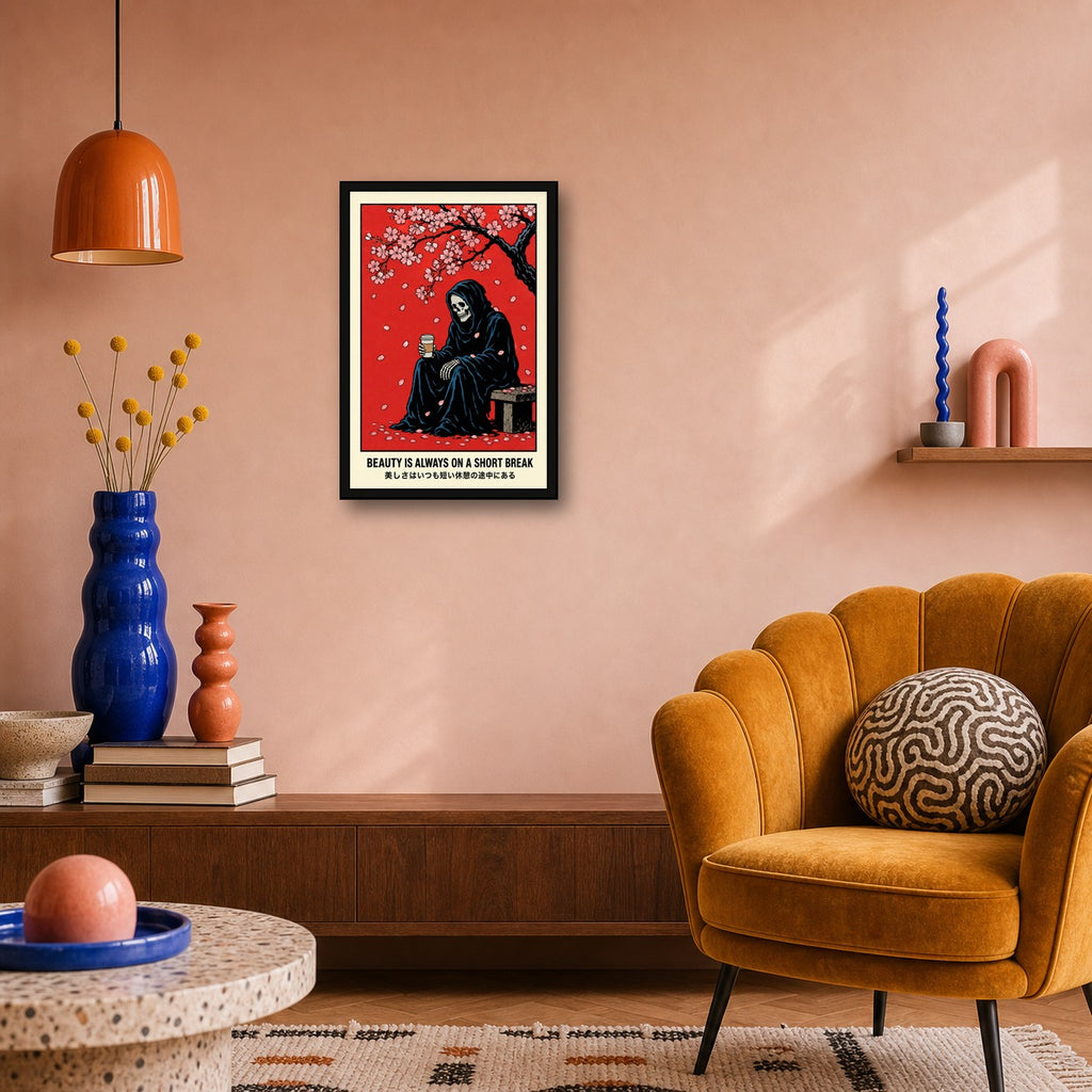 Ukiyo-e Reaper Poster, Japanese Cherry Blossom Art, “Beauty is Always on a Short Break” Travel Print - 2x3 room mockup