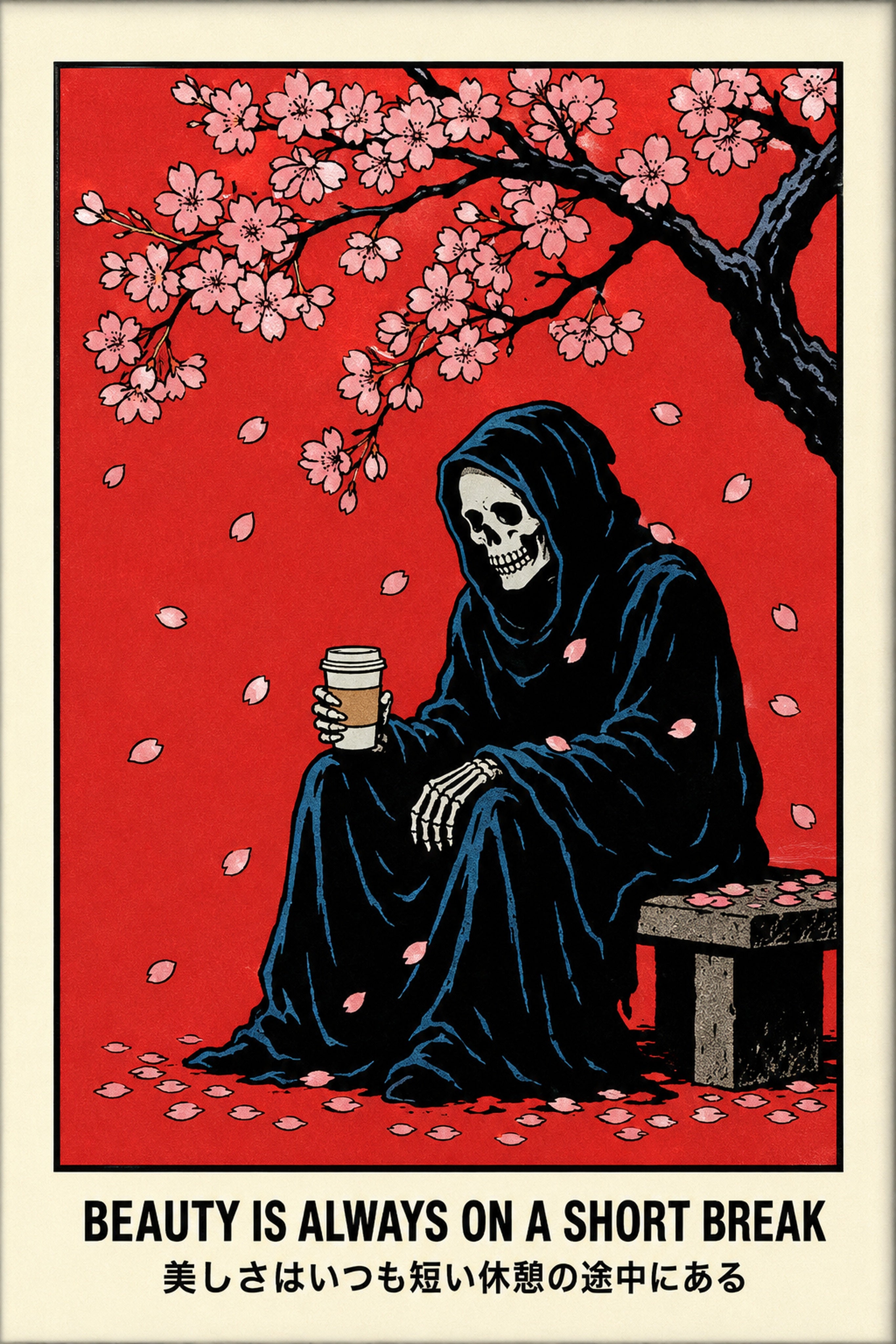 Ukiyo-e Reaper Poster, Japanese Cherry Blossom Art, “Beauty is Always on a Short Break” Travel Print