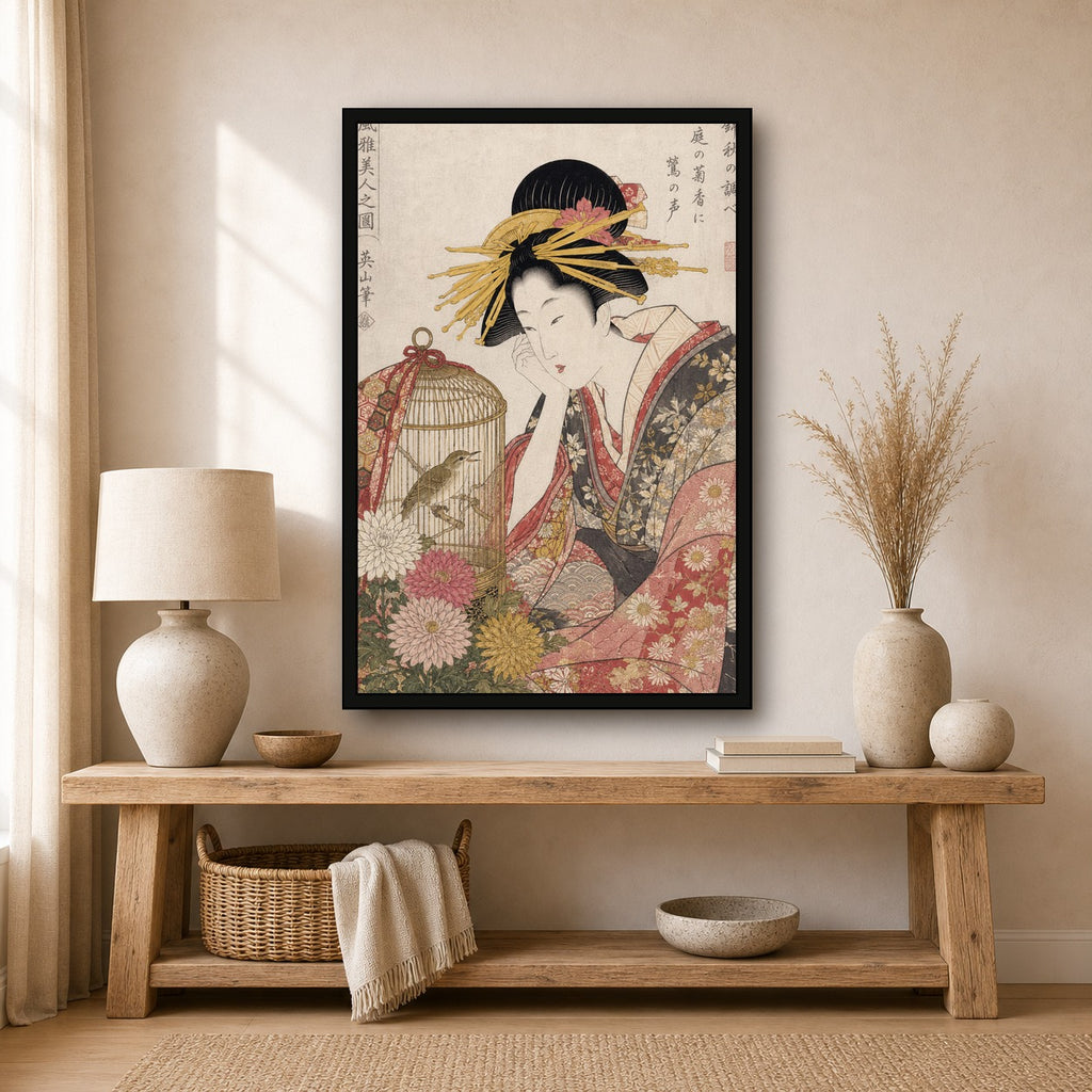 Ukiyo-e Beauty Birdcage Chrysanthemum Japanese inspired poster print for modern wall decor