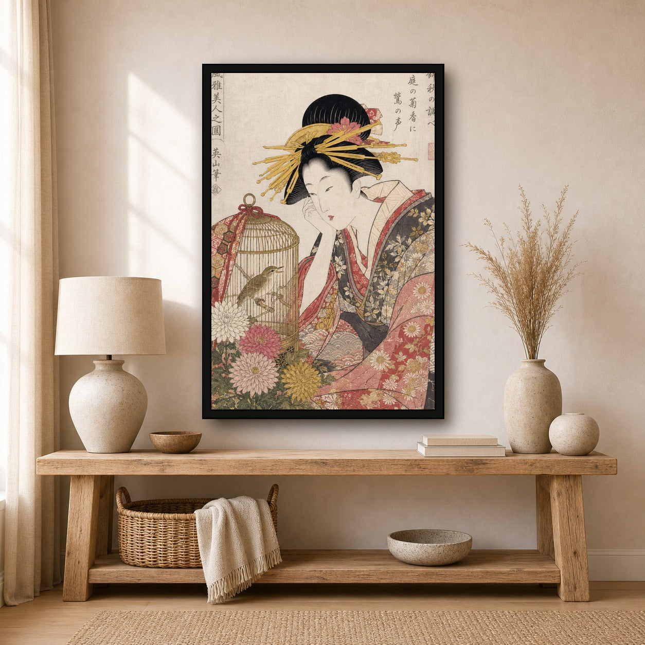 Ukiyo-e Beauty Birdcage Chrysanthemum Japanese inspired poster print for modern wall decor