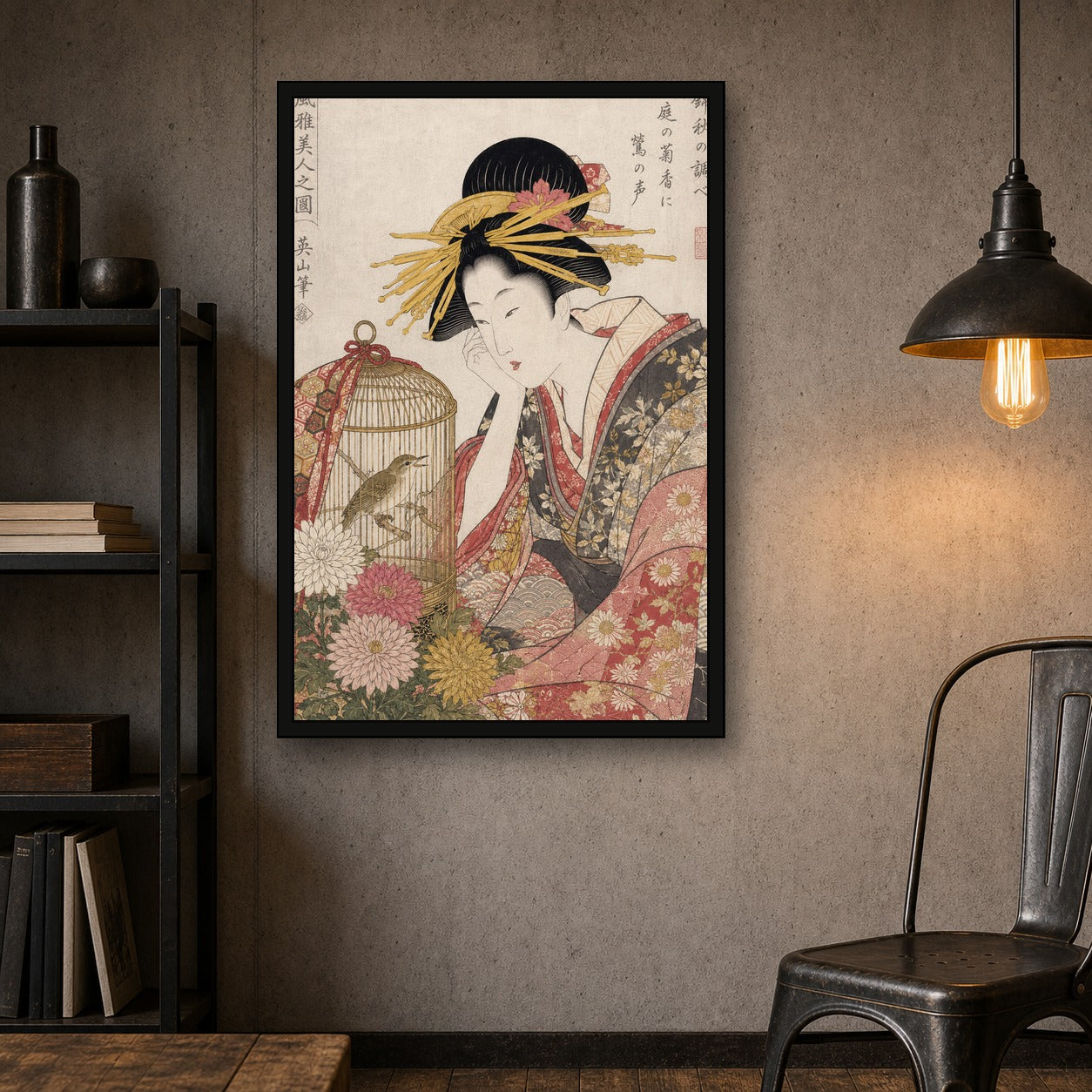 Ukiyo-e Beauty Birdcage Chrysanthemum Japanese inspired poster print for modern wall decor