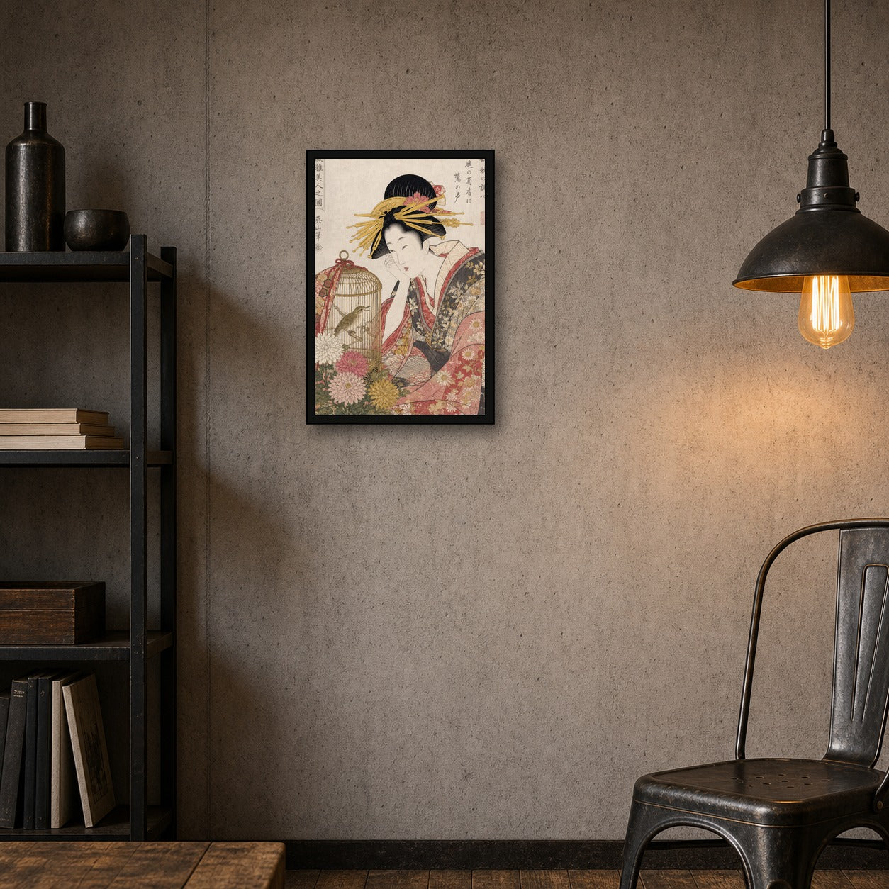 Ukiyo-e Beauty Birdcage Chrysanthemum Japanese inspired poster print for modern wall decor