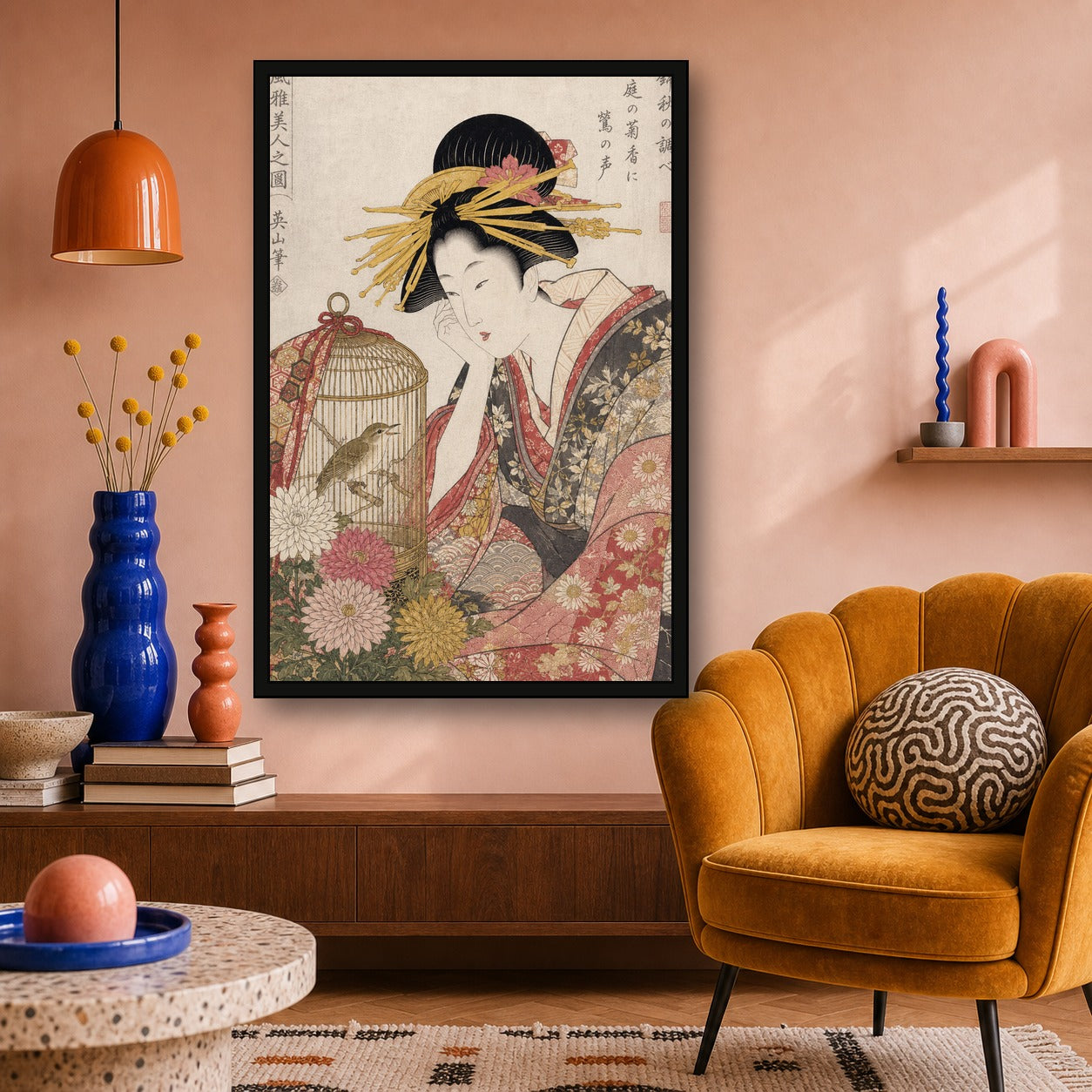 Ukiyo-e Beauty Birdcage Chrysanthemum Japanese inspired poster print for modern wall decor