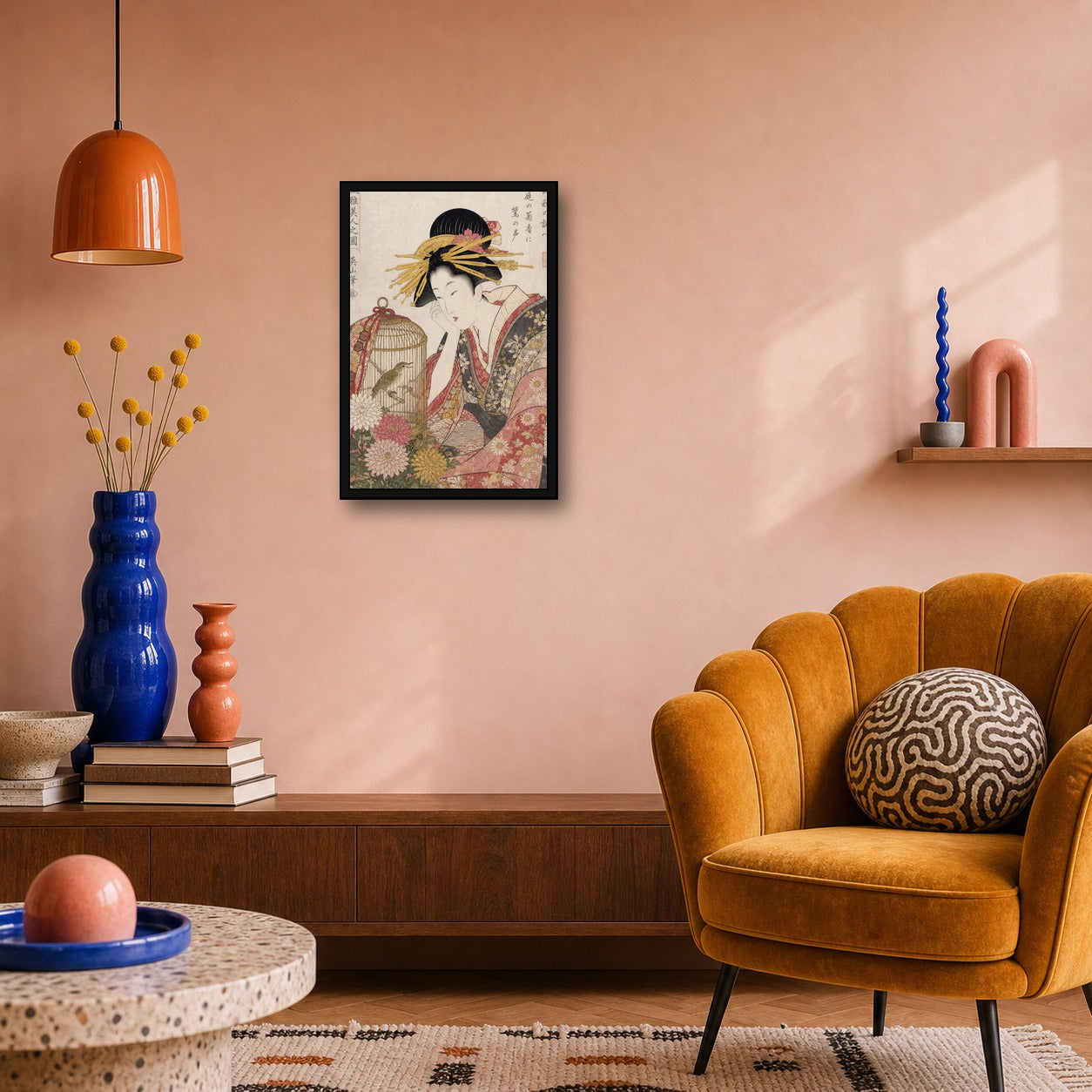 Ukiyo-e Beauty Birdcage Chrysanthemum Japanese inspired poster print for modern wall decor