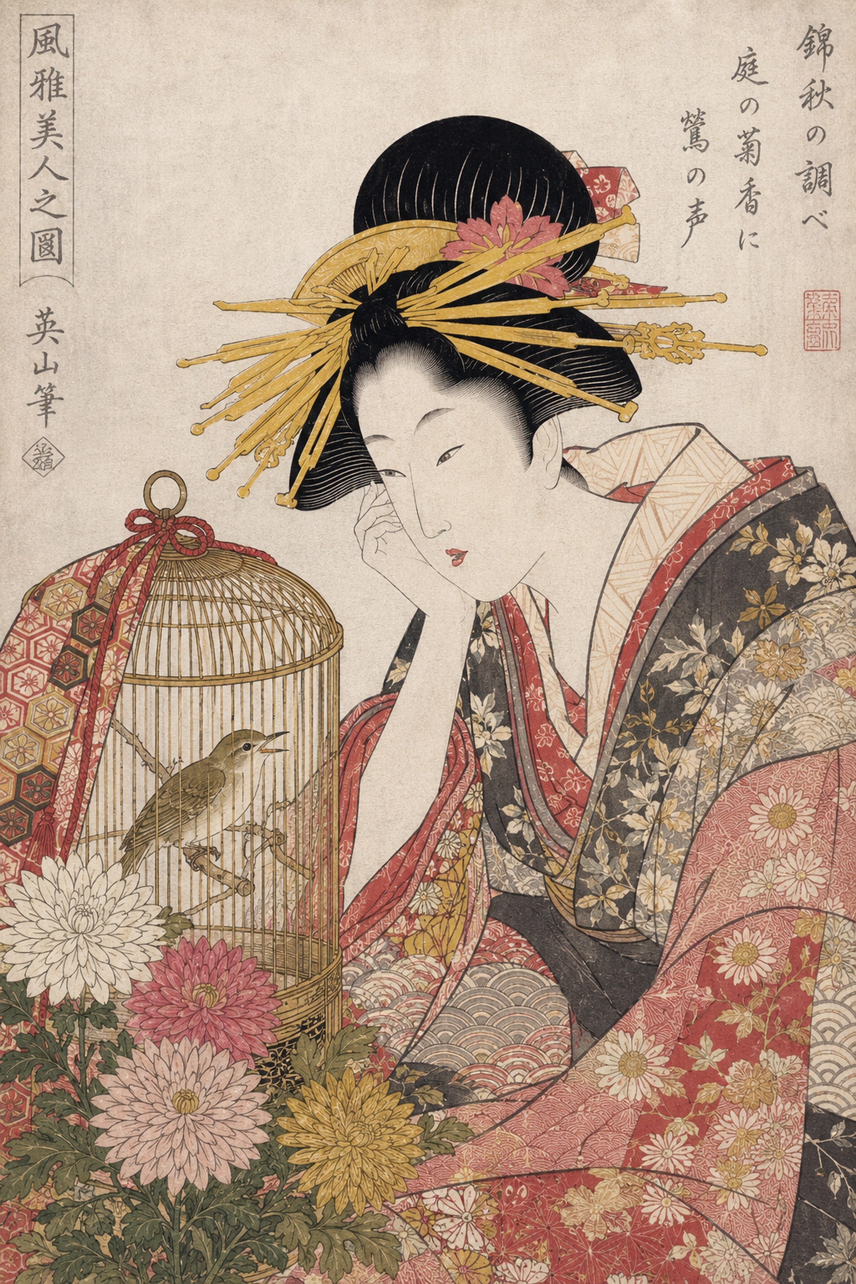 Ukiyo-e Beauty Birdcage Chrysanthemum Japanese inspired poster print for modern wall decor