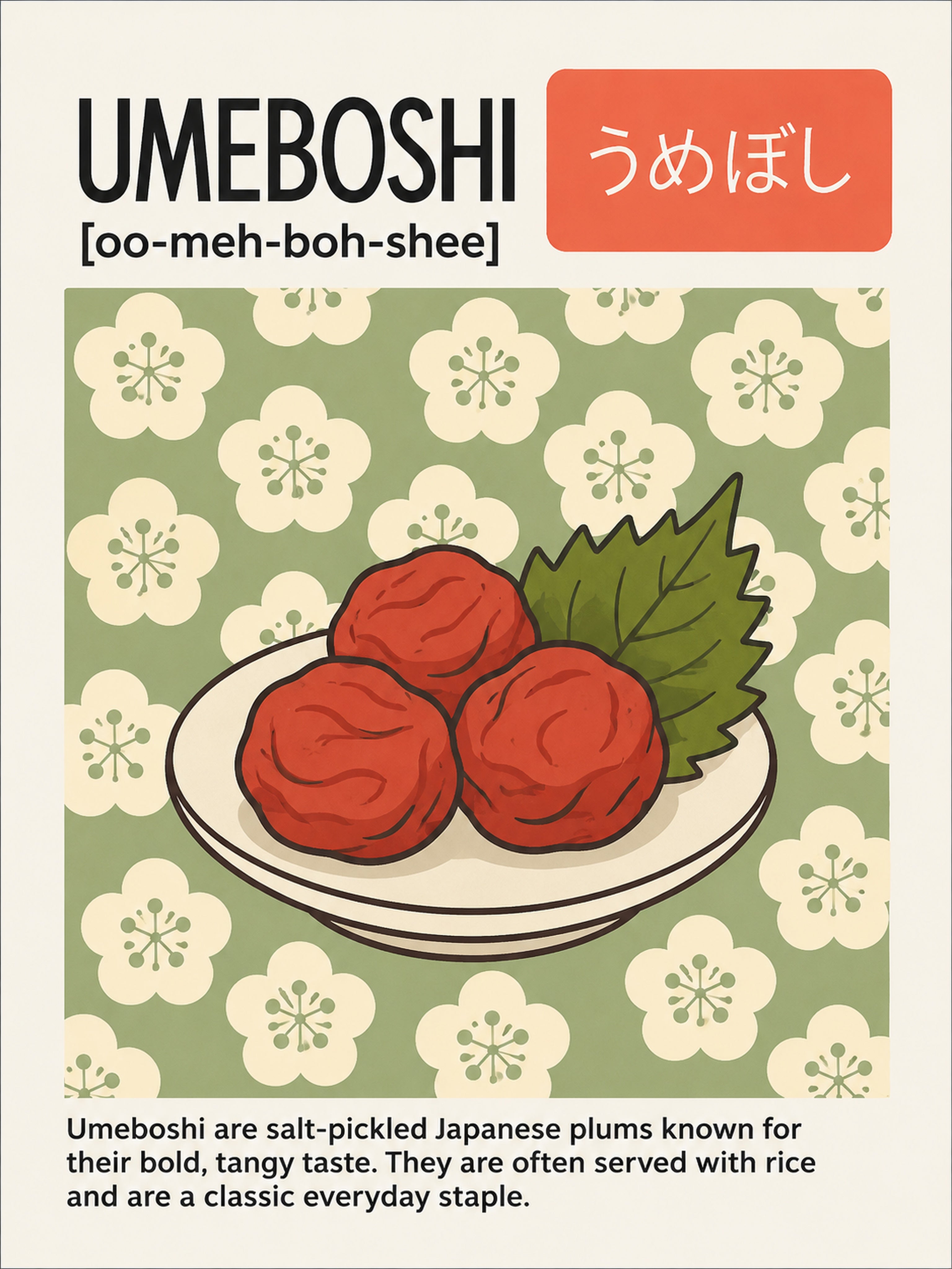Umeboshi Japanese Plum Art Print - Vibrant Asia Inspired Foodie Poster for Kitchen & Dining Decor, Multiple Sizes - corrected 3x4 flat artwork