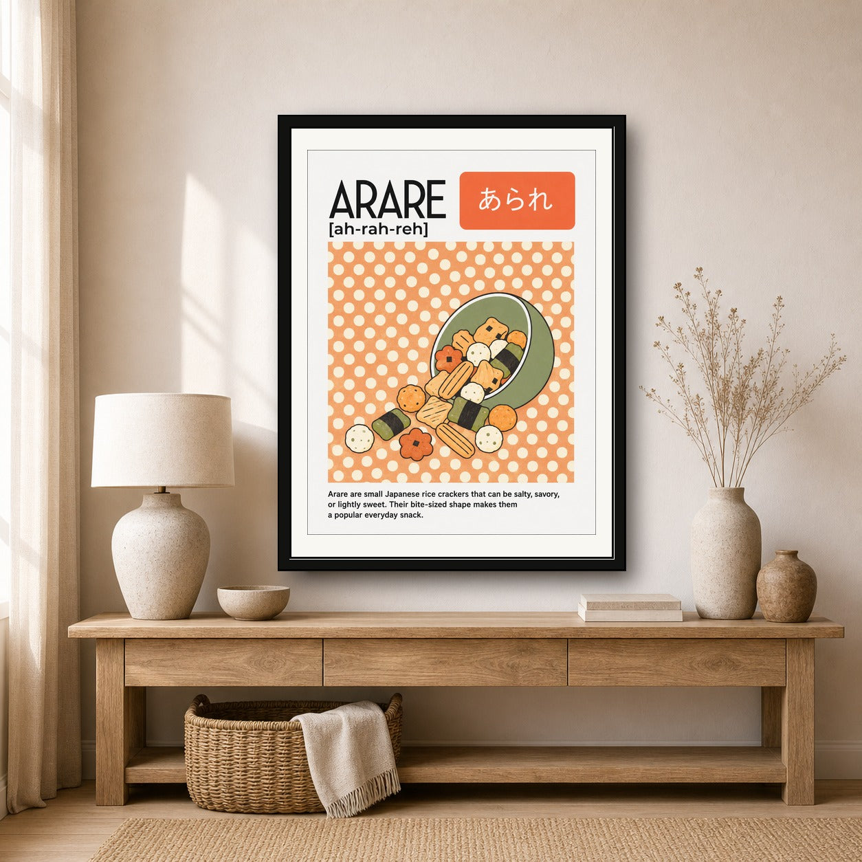 Vibrant 'Ararere' Japanese Rice Cracker Poster - Playful Polka Dot Foodie Art Print in Your Choice of Six Sizes - corrected 3x4 room mockup