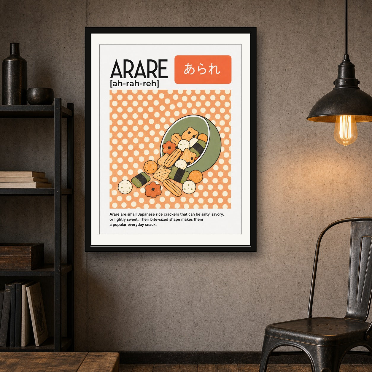Vibrant 'Ararere' Japanese Rice Cracker Poster - Playful Polka Dot Foodie Art Print in Your Choice of Six Sizes - corrected 3x4 room mockup