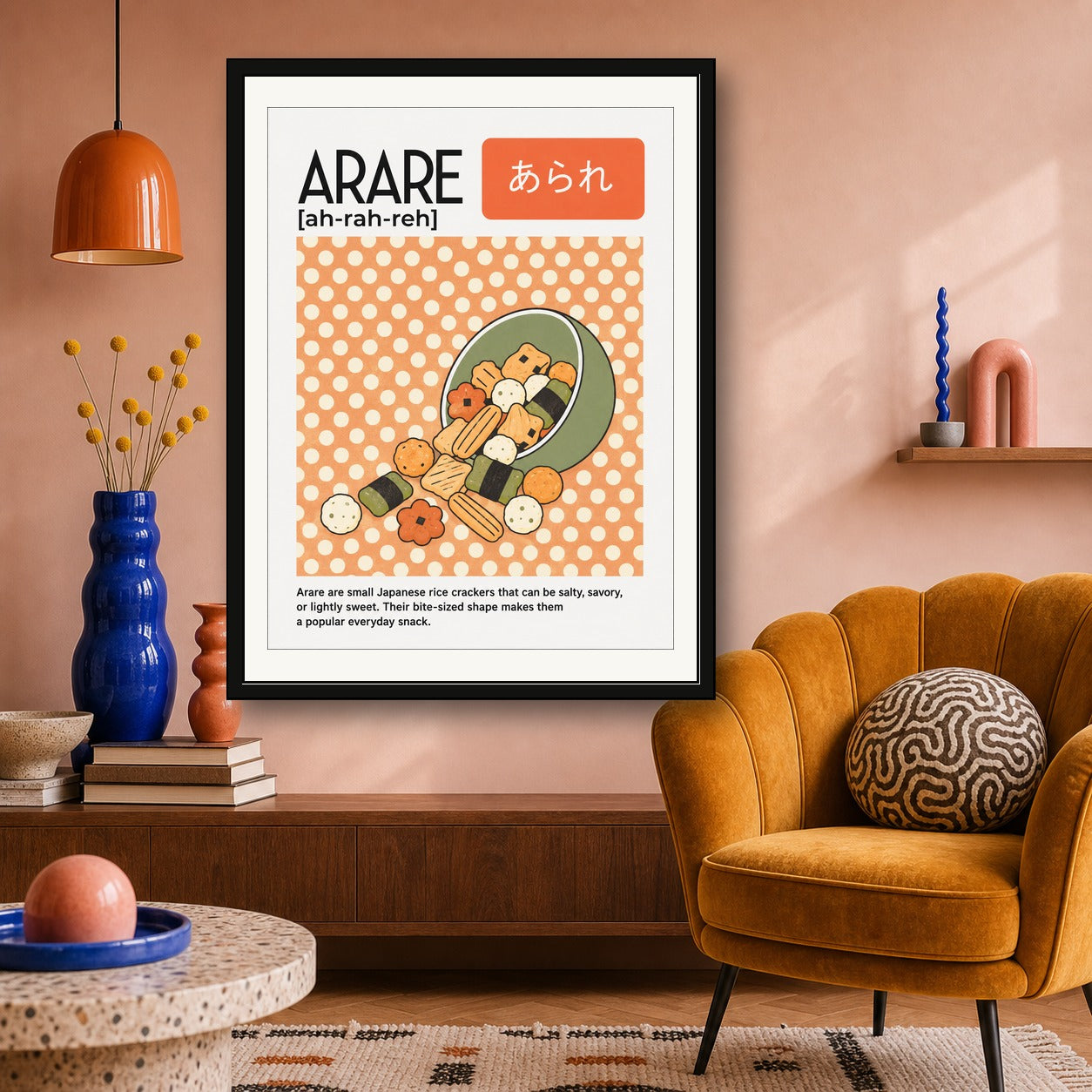 Vibrant 'Ararere' Japanese Rice Cracker Poster - Playful Polka Dot Foodie Art Print in Your Choice of Six Sizes - corrected 3x4 room mockup