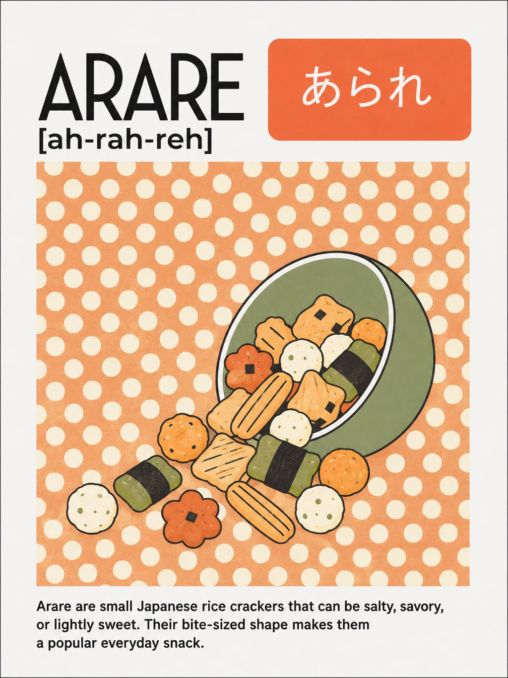 Vibrant 'Ararere' Japanese Rice Cracker Poster - Playful Polka Dot Foodie Art Print in Your Choice of Six Sizes - corrected 3x4 flat artwork