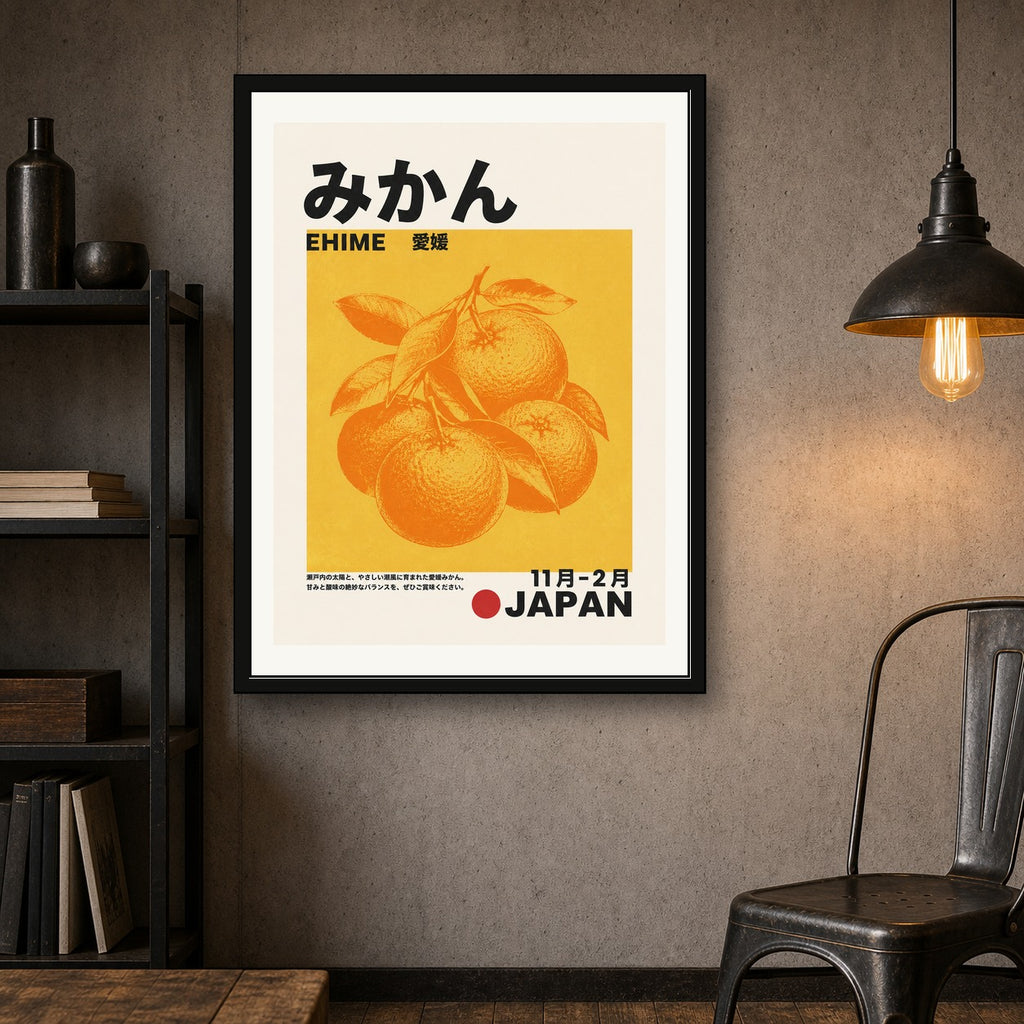 Vibrant Citrus Japan Poster, Retro Ehime Orange Wall Art, Japanese Mikan Fruit Print in your choice of six sizes - corrected 3x4 room mockup