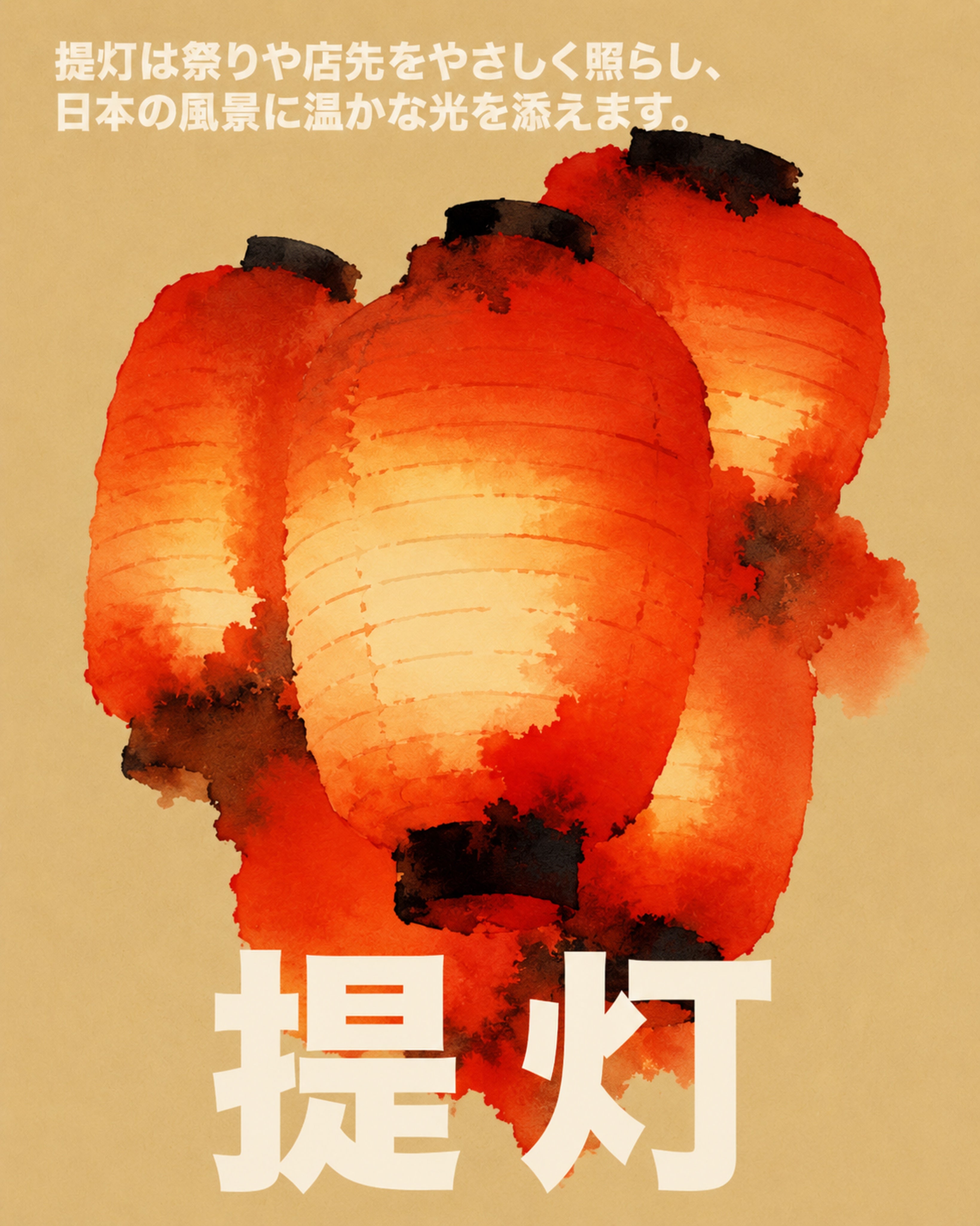 Vibrant Japanese Lanterns Watercolor Poster, Warm Japan Portrait Wall Art, Asian Cultural Decor Print - corrected 4x5 flat artwork