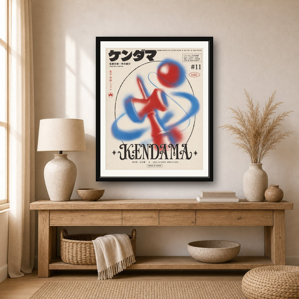 Vibrant Kendama Abstract Art Print, Japanese Game Poster, Red & Blue Wall Decor in Six Sizes - corrected 4x5 room mockup