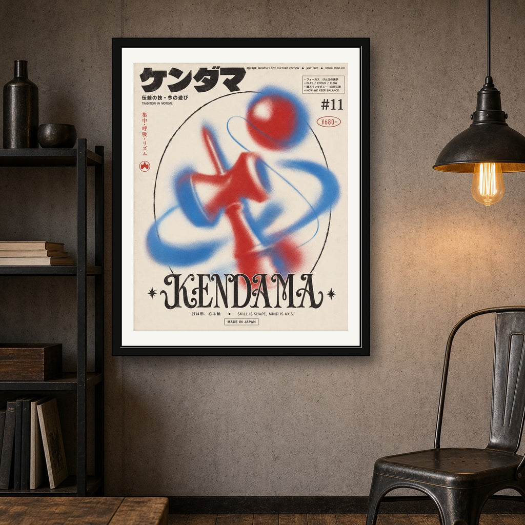 Vibrant Kendama Abstract Art Print, Japanese Game Poster, Red & Blue Wall Decor in Six Sizes - corrected 4x5 room mockup