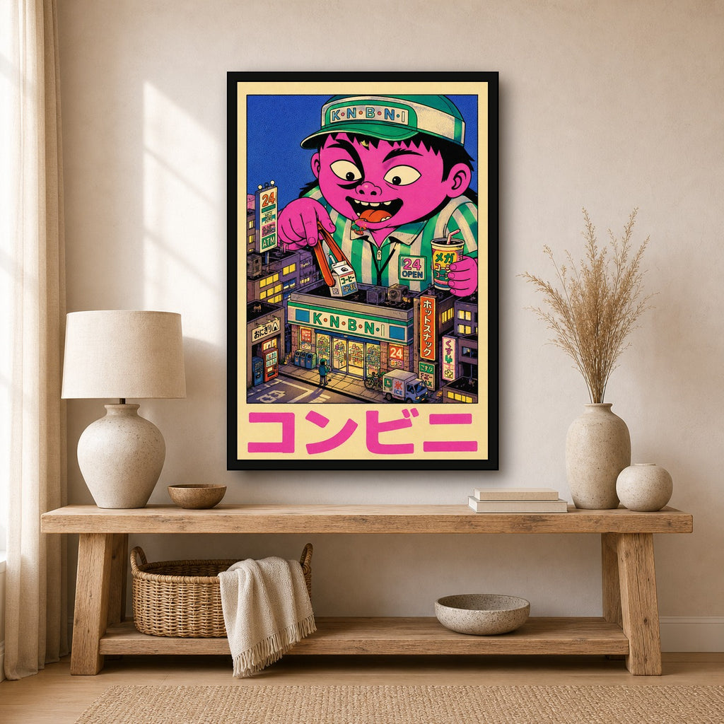 Vibrant Konbini Monster Poster, Japanese Street Art, Pop Art Convenience Store Print in various sizes - 2x3 room mockup
