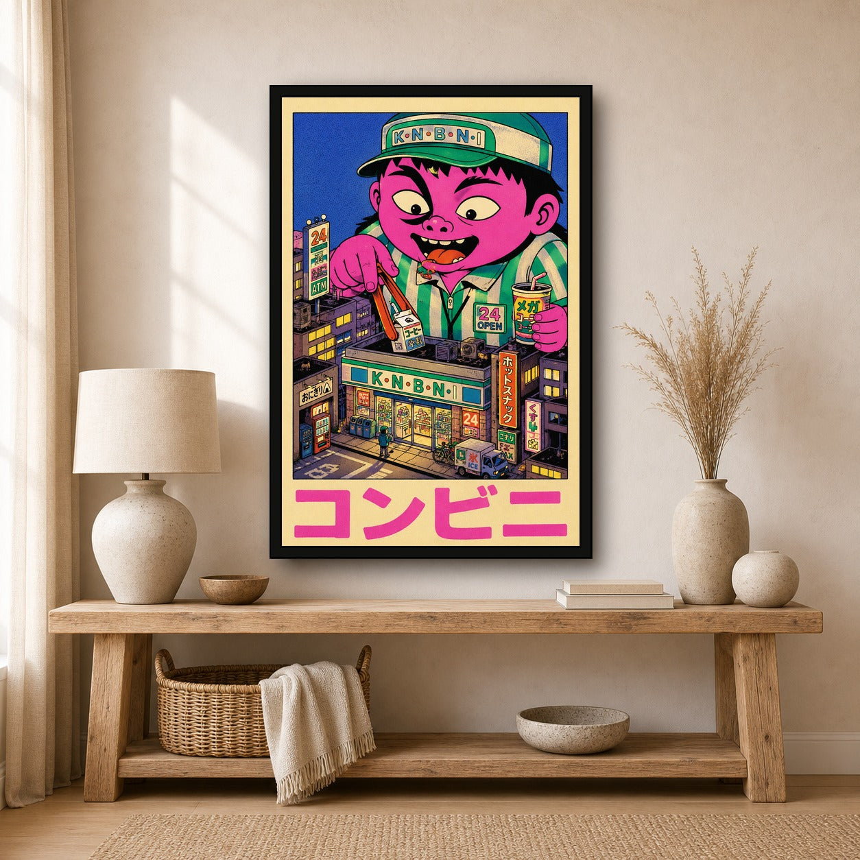Vibrant Konbini Monster Poster, Japanese Street Art, Pop Art Convenience Store Print in various sizes - 2x3 room mockup