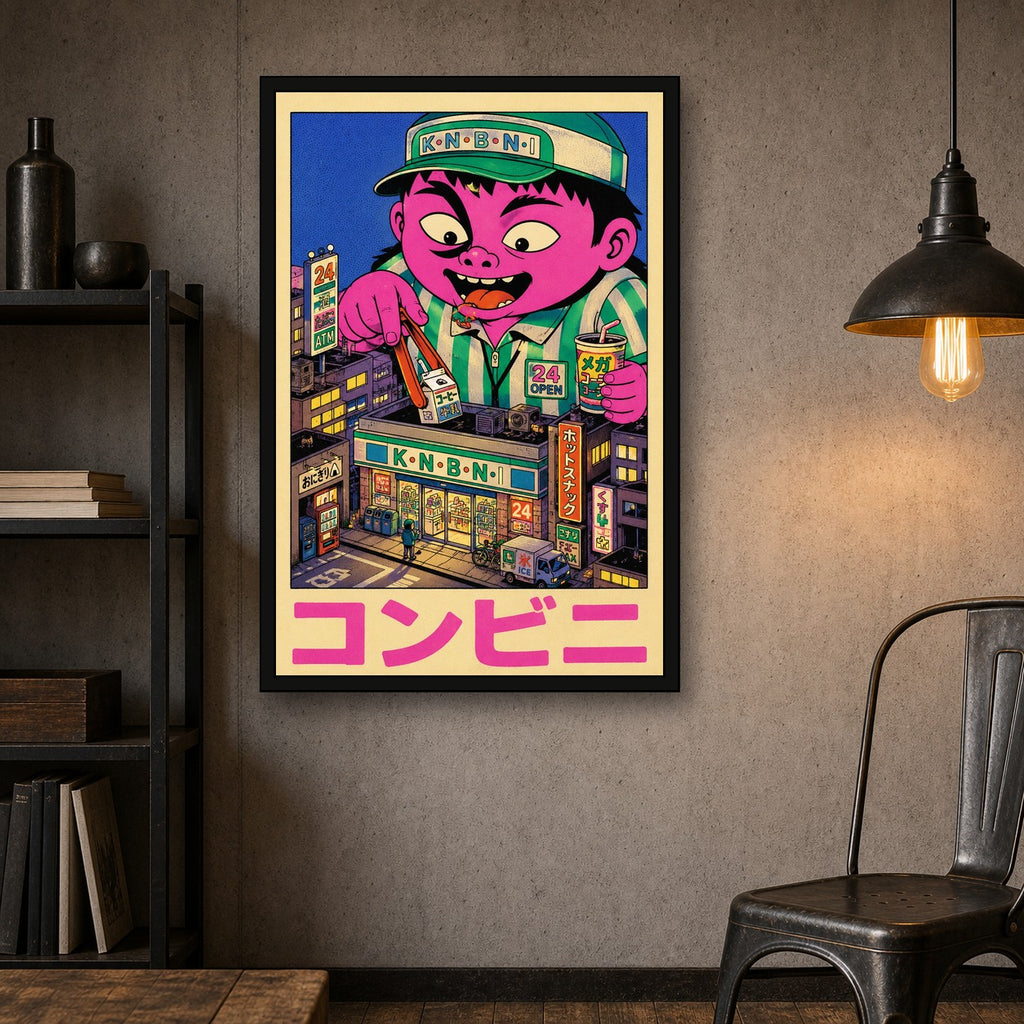 Vibrant Konbini Monster Poster, Japanese Street Art, Pop Art Convenience Store Print in various sizes - 2x3 room mockup