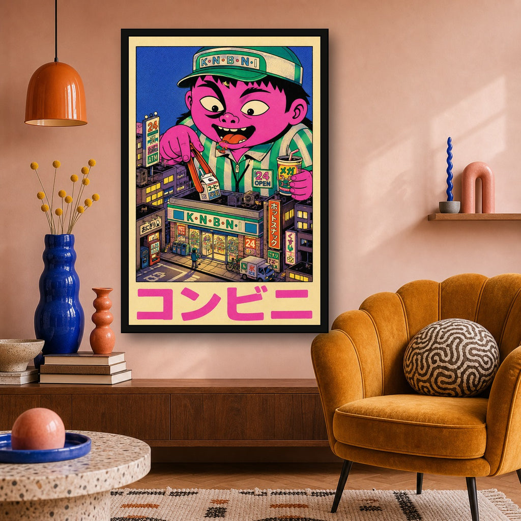 Vibrant Konbini Monster Poster, Japanese Street Art, Pop Art Convenience Store Print in various sizes - 2x3 room mockup