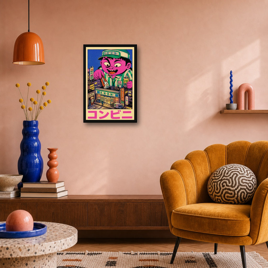 Vibrant Konbini Monster Poster, Japanese Street Art, Pop Art Convenience Store Print in various sizes - 2x3 room mockup