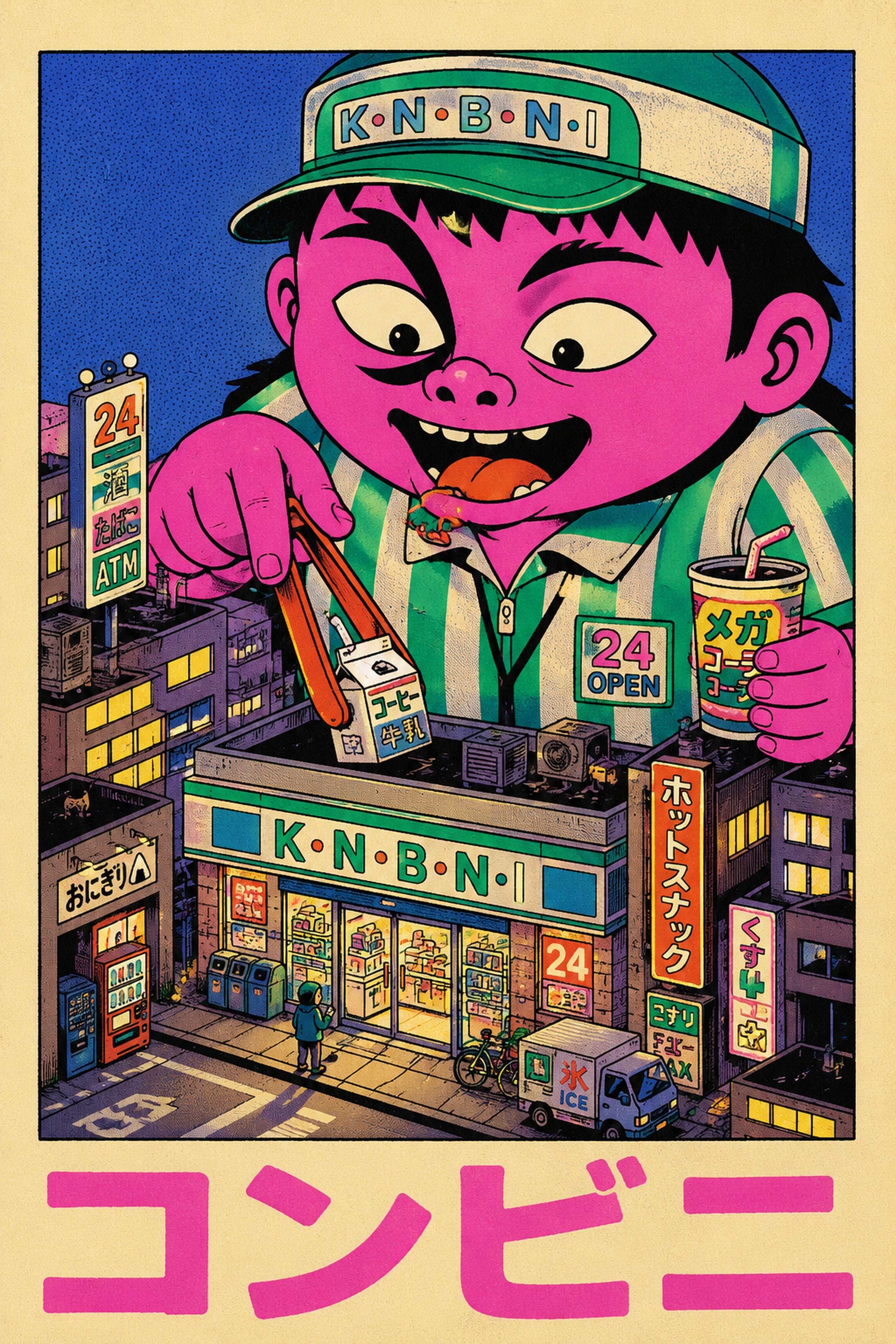 Vibrant Konbini Monster Poster, Japanese Street Art, Pop Art Convenience Store Print in various sizes