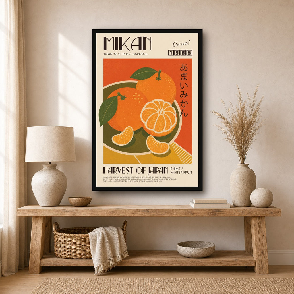 Vibrant Mikan Citrus Poster, Retro Japanese Fruit Wall Art, Ehime Travel Print - 2x3 room mockup