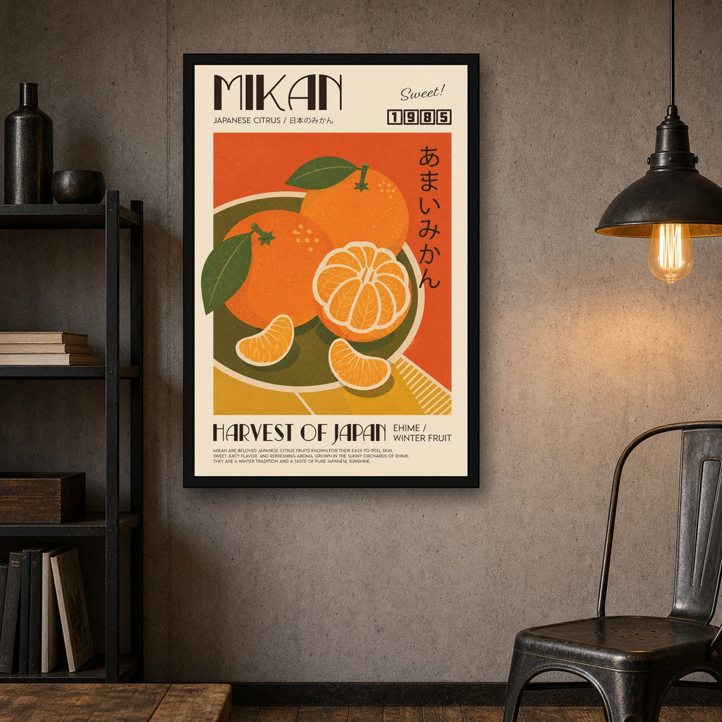 Vibrant Mikan Citrus Poster, Retro Japanese Fruit Wall Art, Ehime Travel Print - 2x3 room mockup