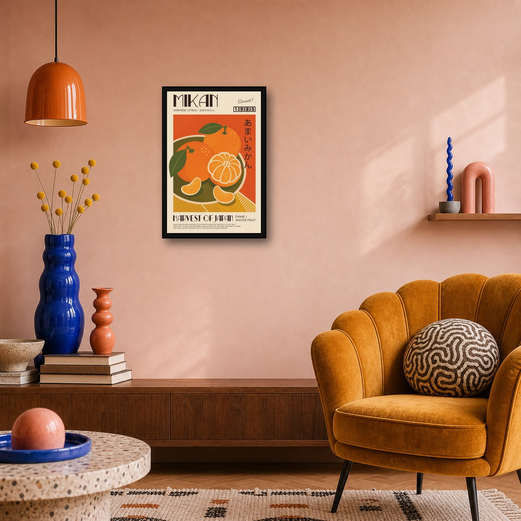 Vibrant Mikan Citrus Poster, Retro Japanese Fruit Wall Art, Ehime Travel Print - 2x3 room mockup
