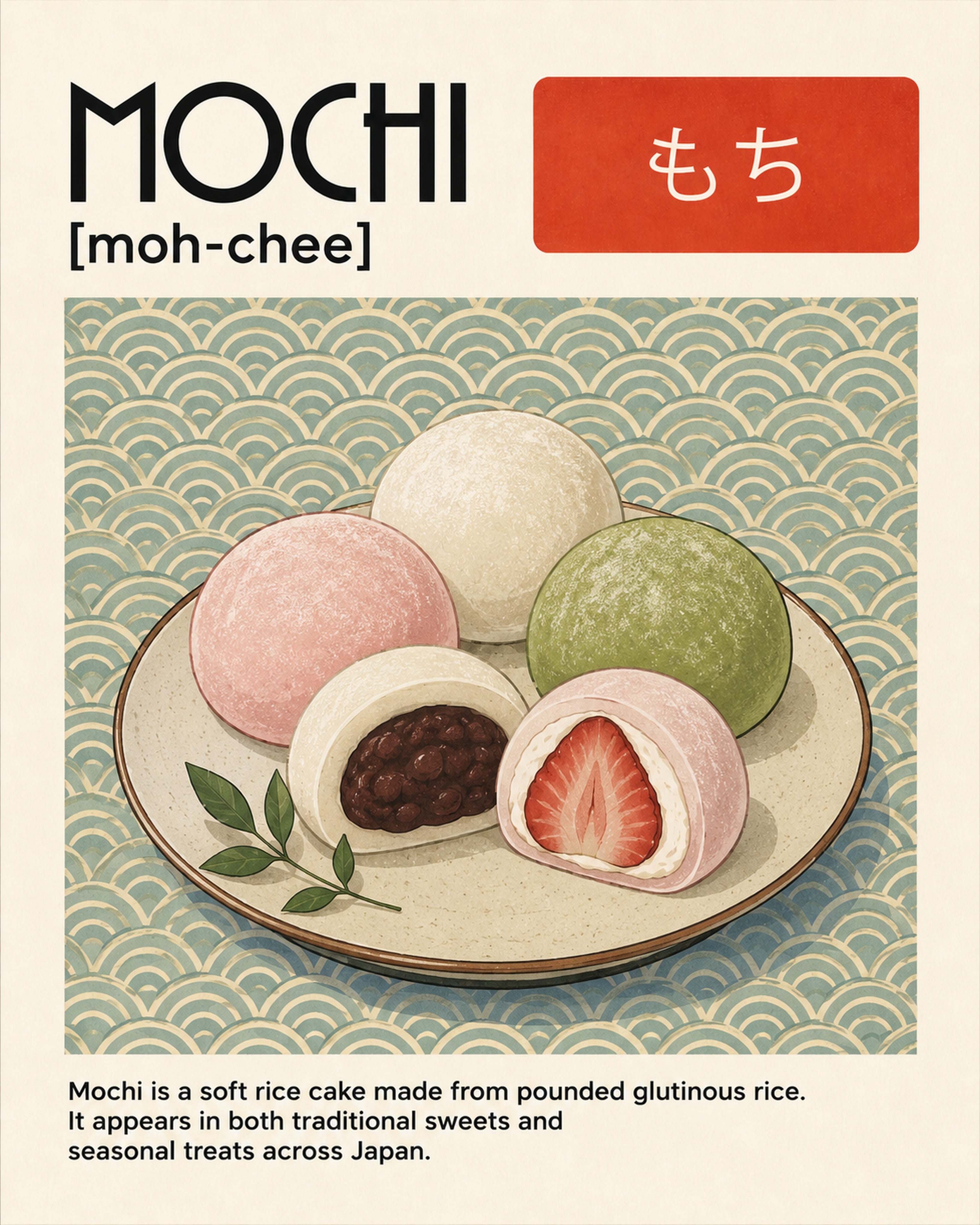 Vibrant Mochi Japanese Dessert Poster, Colorful Food Wall Art, Asian Kitchen Decor, Japan Travel Print - corrected 4x5 flat artwork
