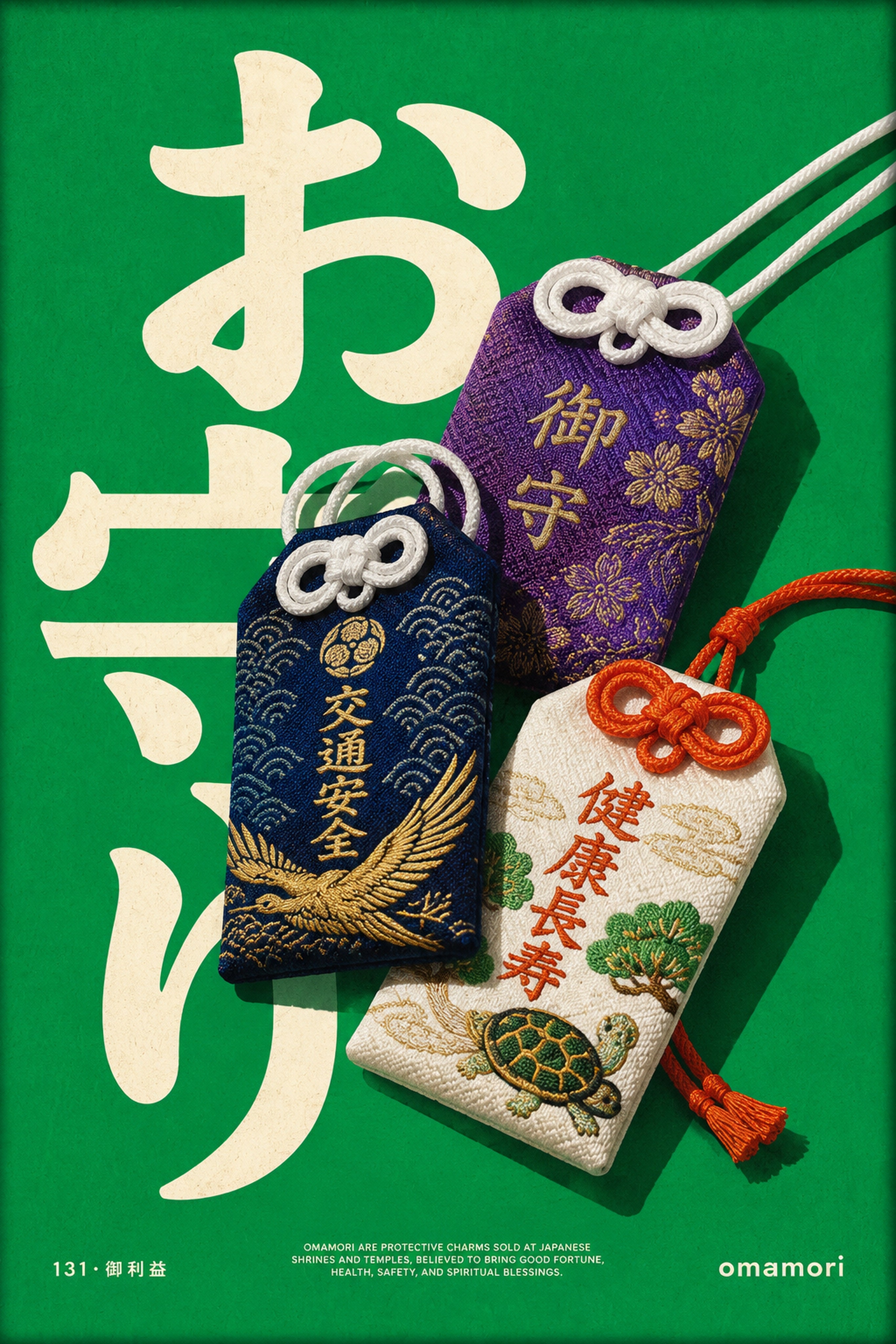 Vibrant Omamori Charms Poster, Japanese Luck & Health Art, Travel Print in Six Sizes