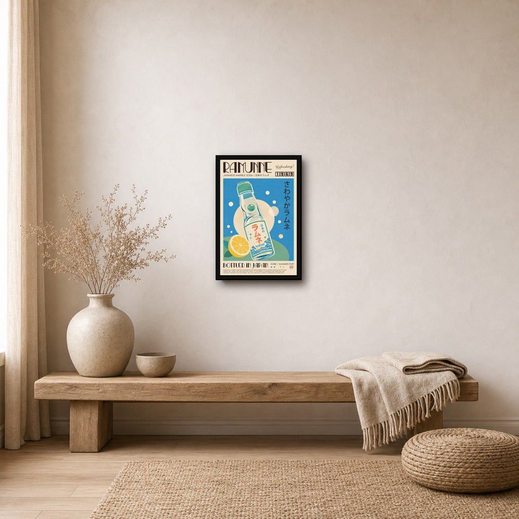 Vibrant Ramunne Japanese Soda Art Print, Retro Tokyo Drink Poster, Refreshing Pop Art Wall Decor - 2x3 room mockup