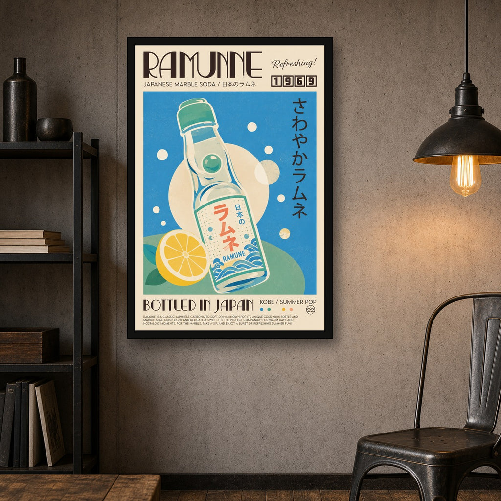 Vibrant Ramunne Japanese Soda Art Print, Retro Tokyo Drink Poster, Refreshing Pop Art Wall Decor - 2x3 room mockup