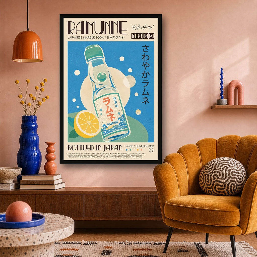 Vibrant Ramunne Japanese Soda Art Print, Retro Tokyo Drink Poster, Refreshing Pop Art Wall Decor - 2x3 room mockup