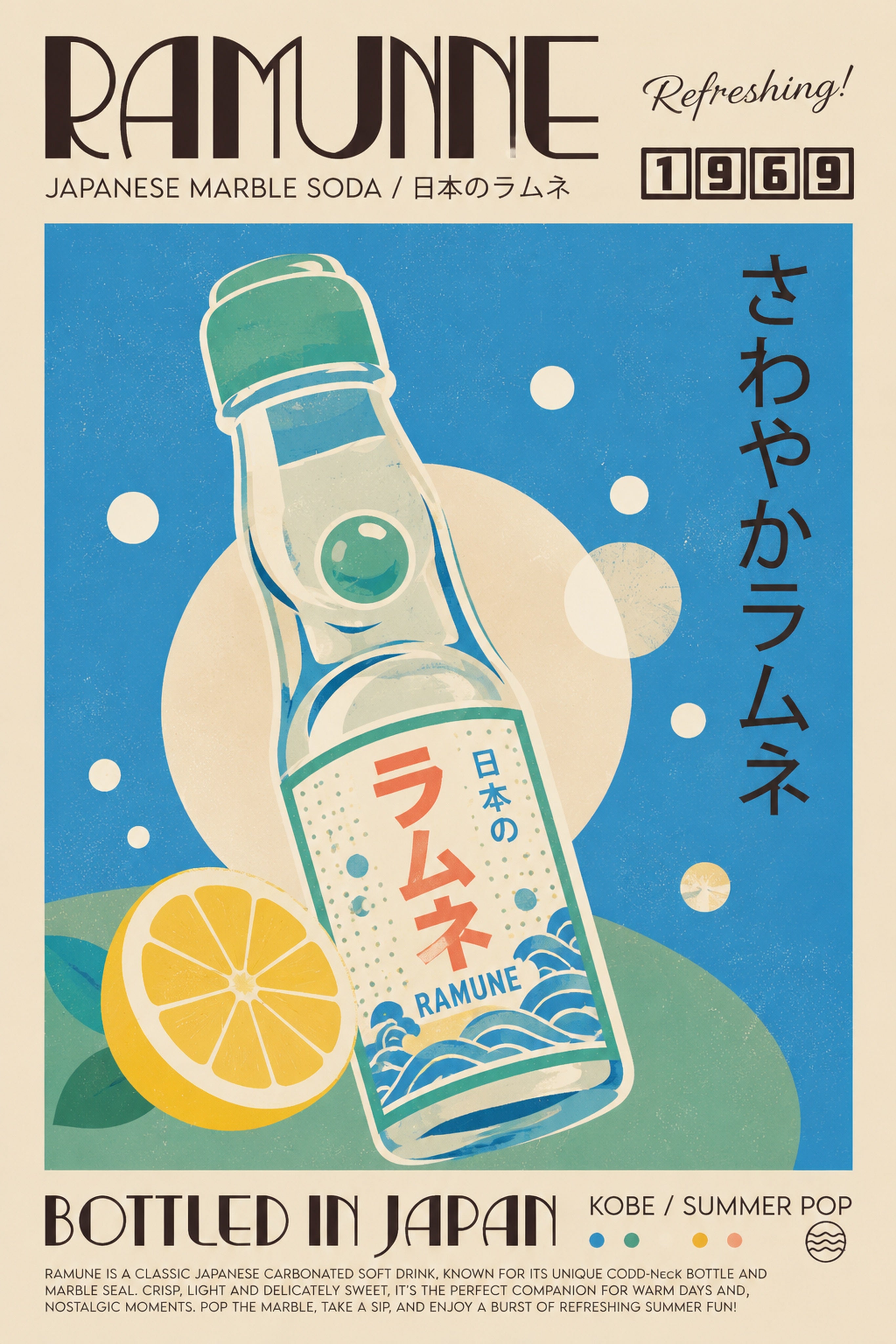Vibrant Ramunne Japanese Soda Art Print, Retro Tokyo Drink Poster, Refreshing Pop Art Wall Decor