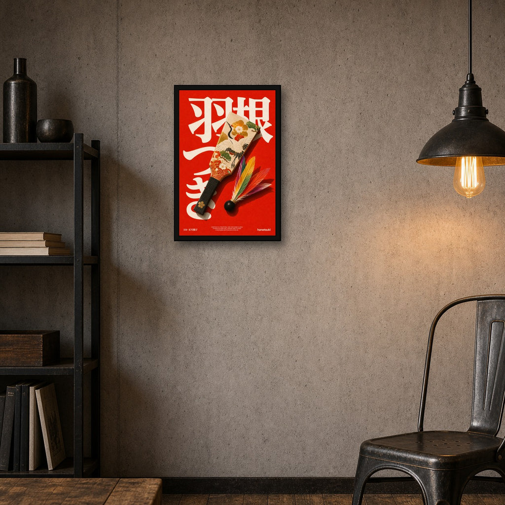 Vibrant Red Japanese Hanetsuki Wall Art Print, Elegant Crane & Floral Decor Poster in Multiple Sizes - 2x3 room mockup